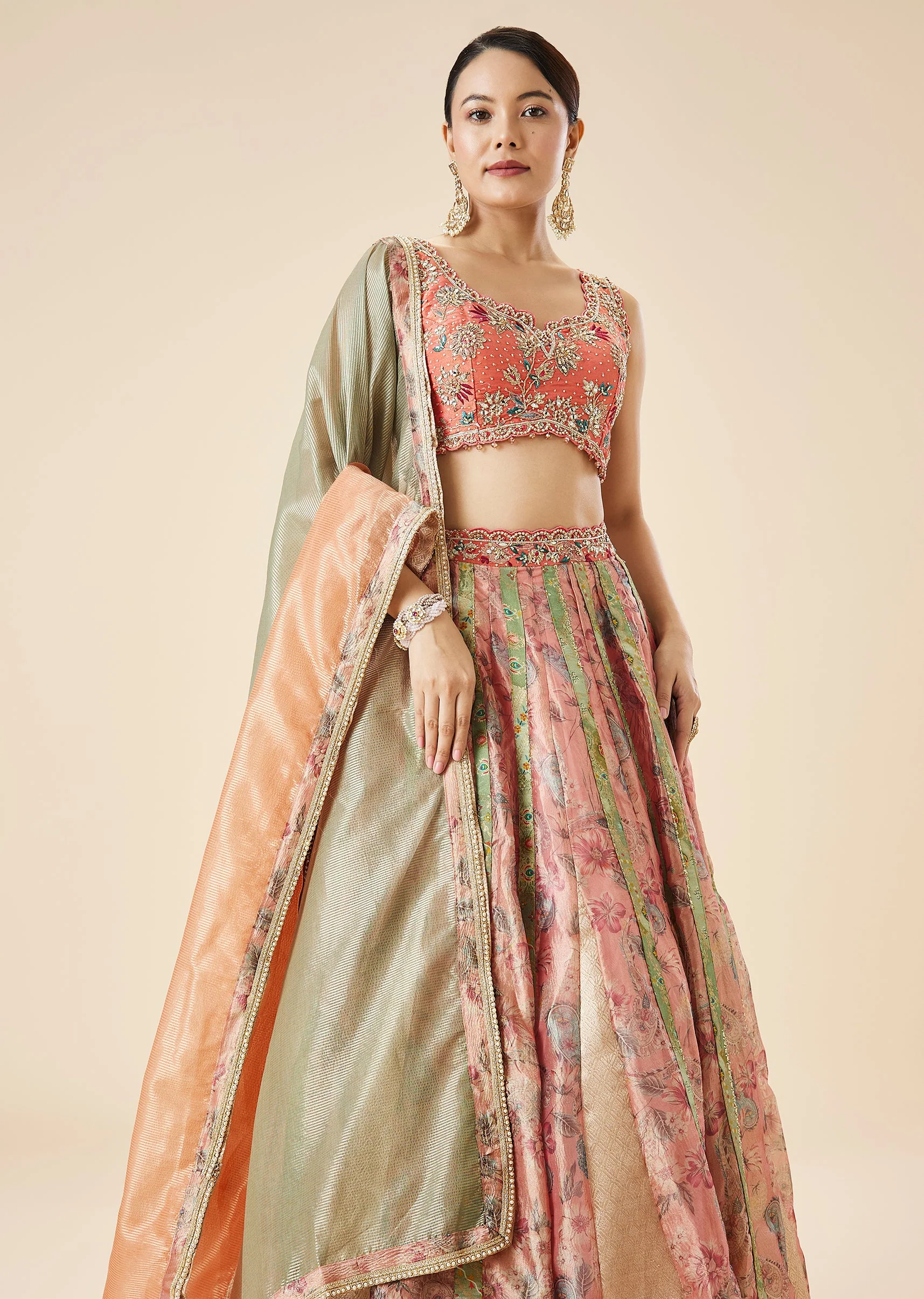 Peach Floral Embroidered Lehenga Set - Image 5