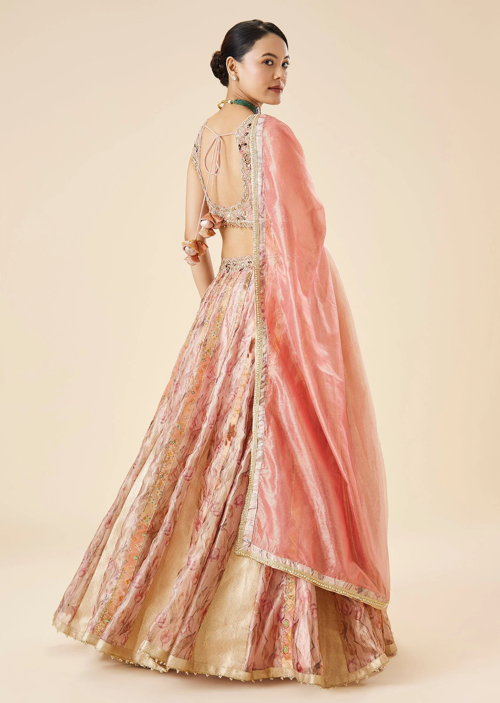 Peach Floral Printed And Embroidered Lehenga Set - Image 2