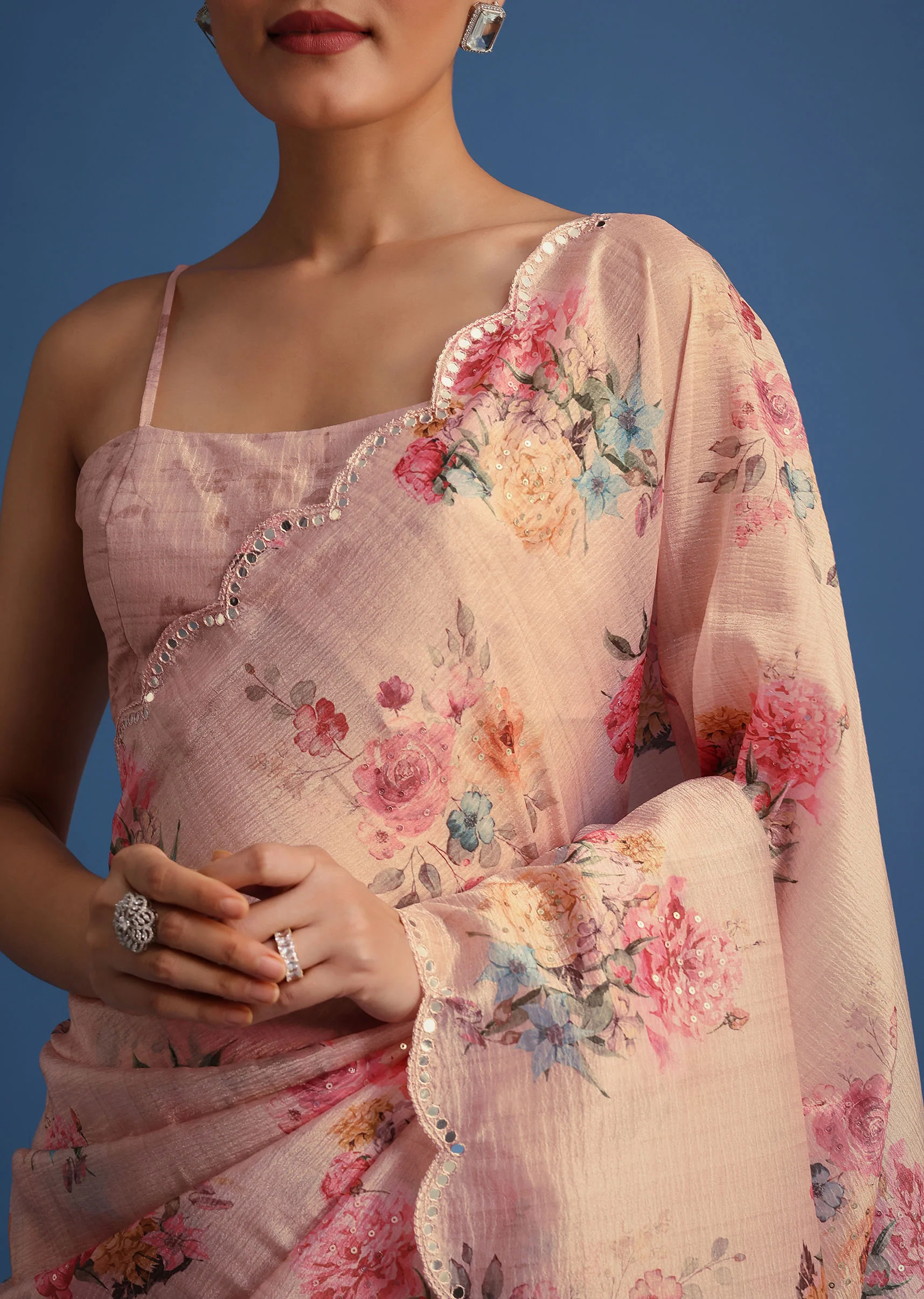 Peach Floral Printed Crushed Tissue Saree With Sequin And Mirror Work - Image 2