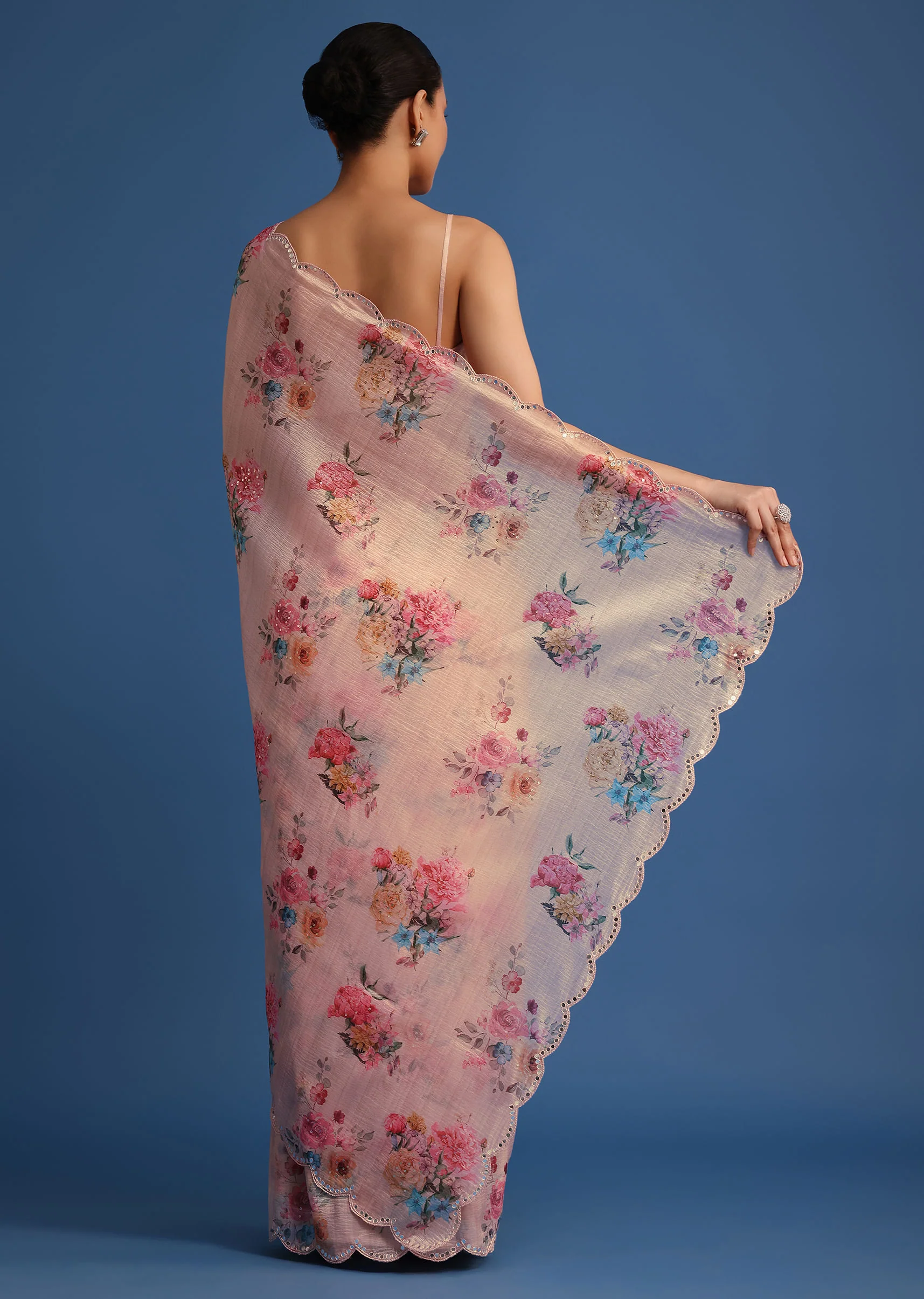 Peach Floral Printed Crushed Tissue Saree With Sequin And Mirror Work - Image 6