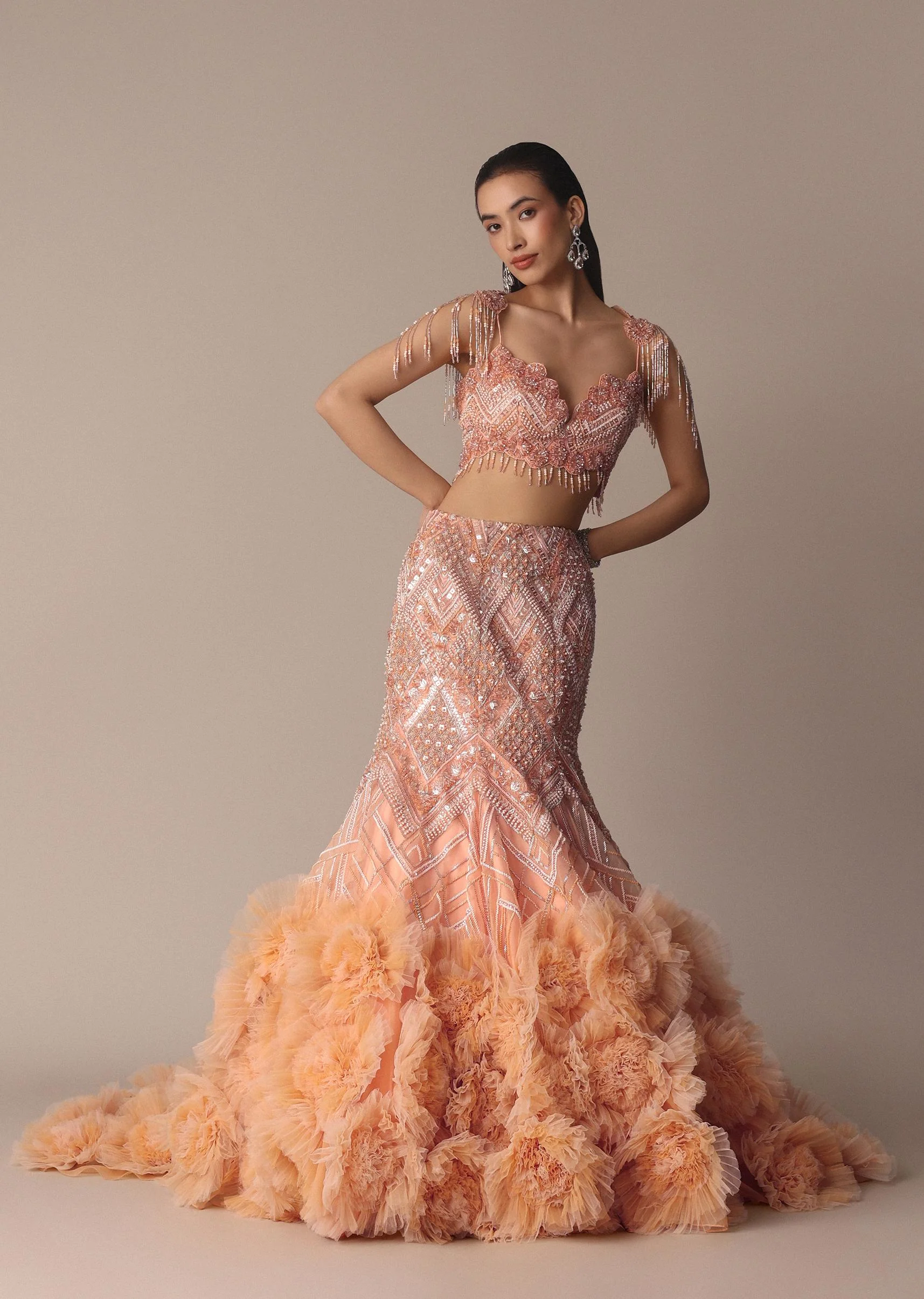 Peach Fish Cut Frill Lehenga Set With Trail Dupatta And Tassels - Image 6