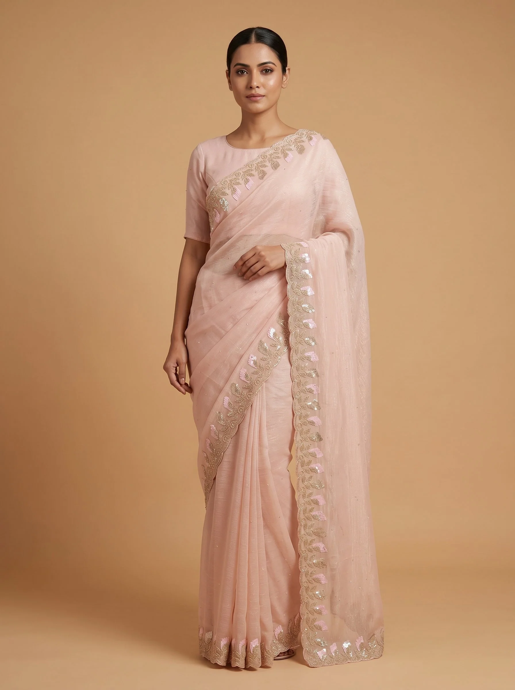 Peach Gentle Sheen Embroidered Saree