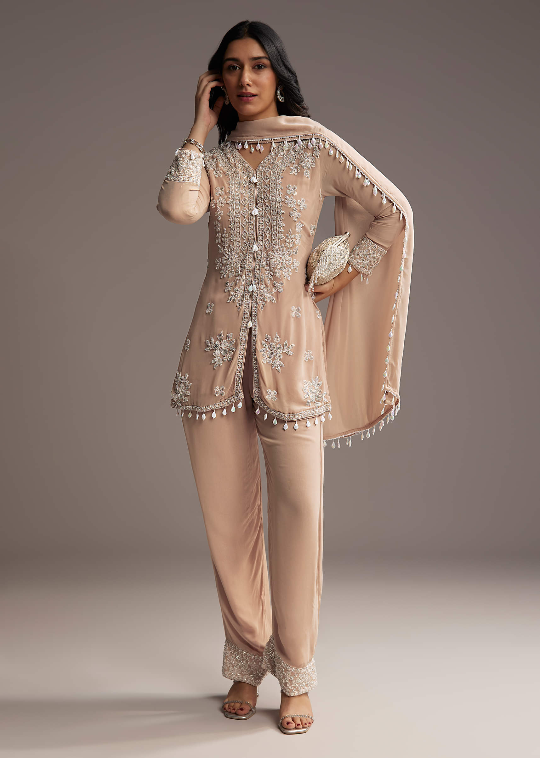 Peach Georgette Kurta Set With Beads Embroidery - Image 2