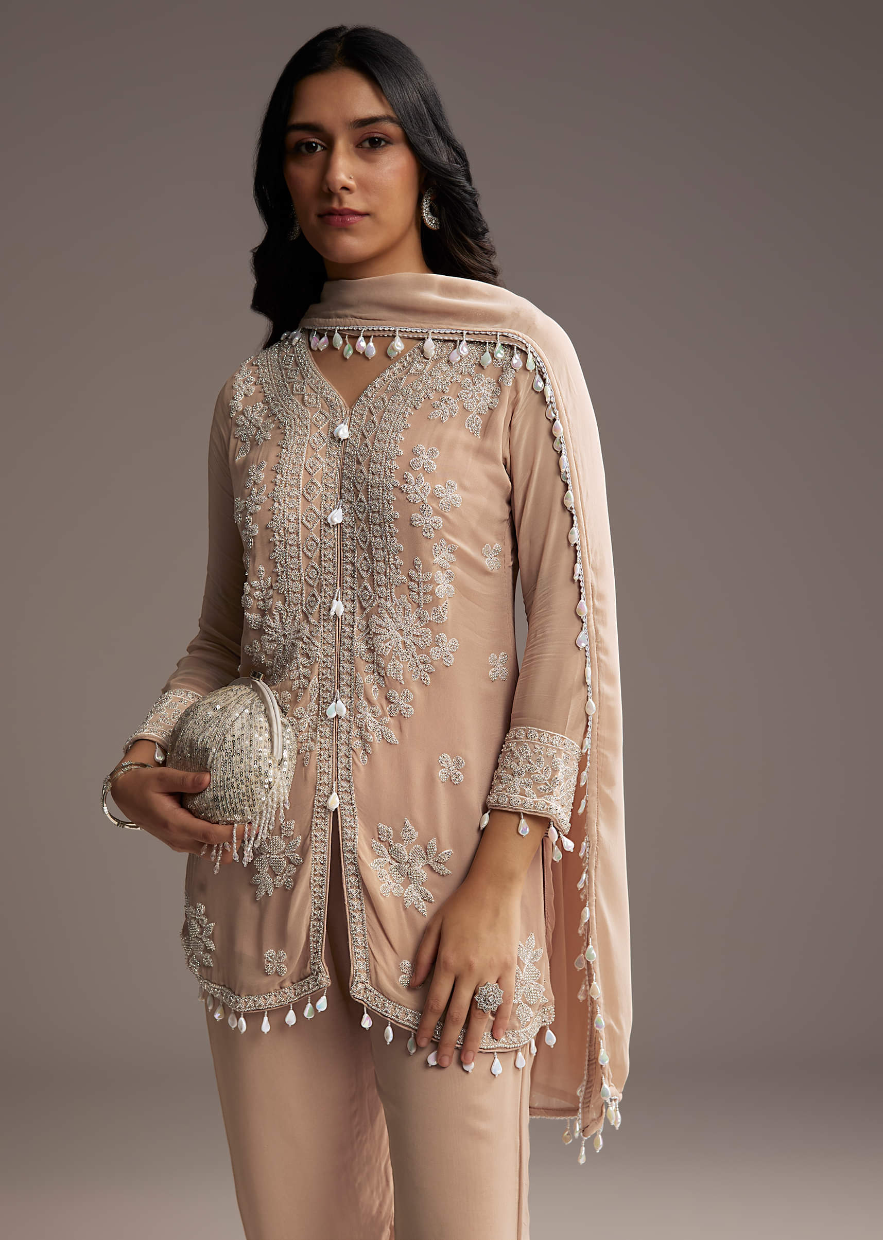 Peach Georgette Kurta Set With Beads Embroidery - Image 3