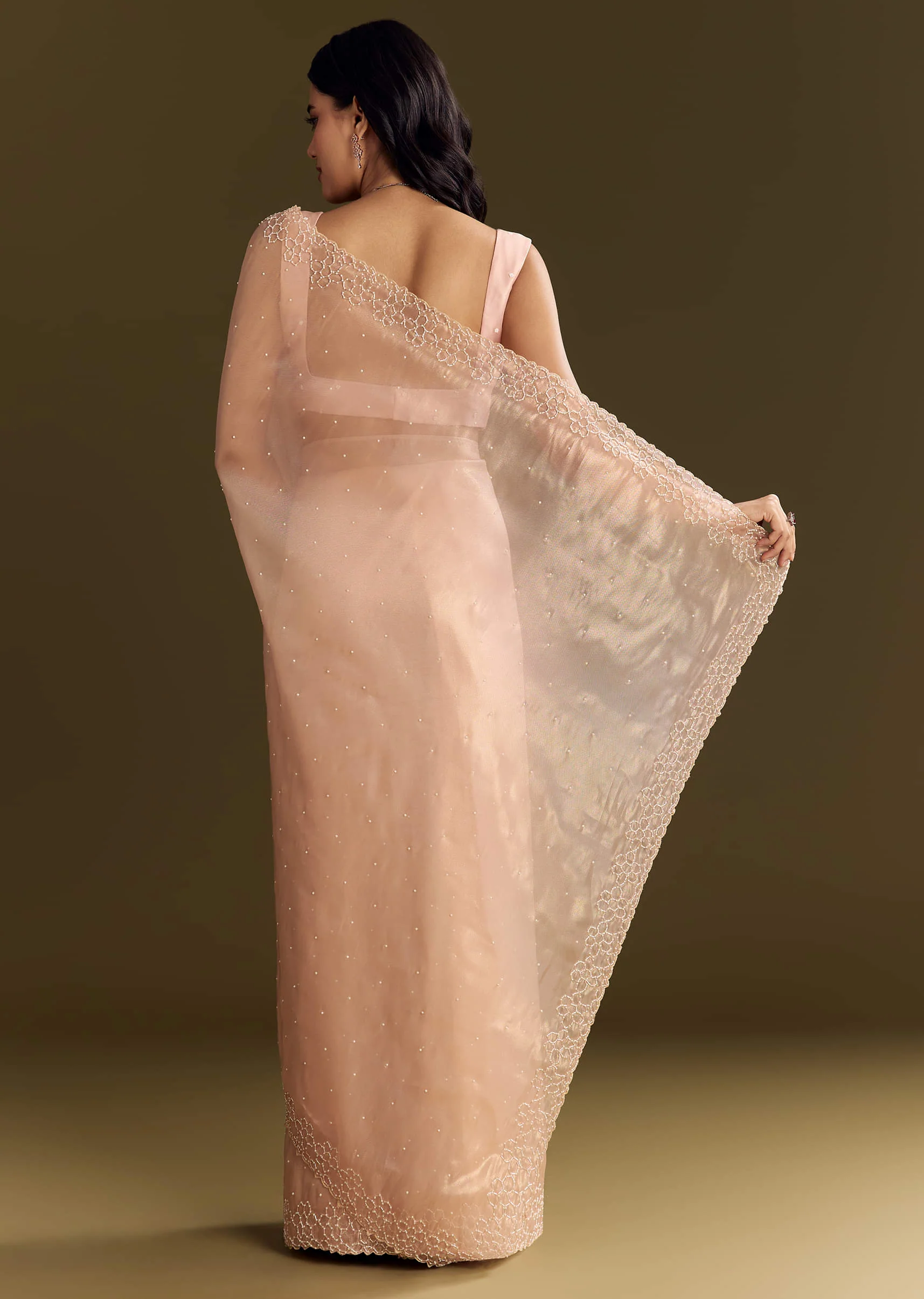 Peach Glass Tissue Saree With Cutdana And Beads Scallop Border - Image 6