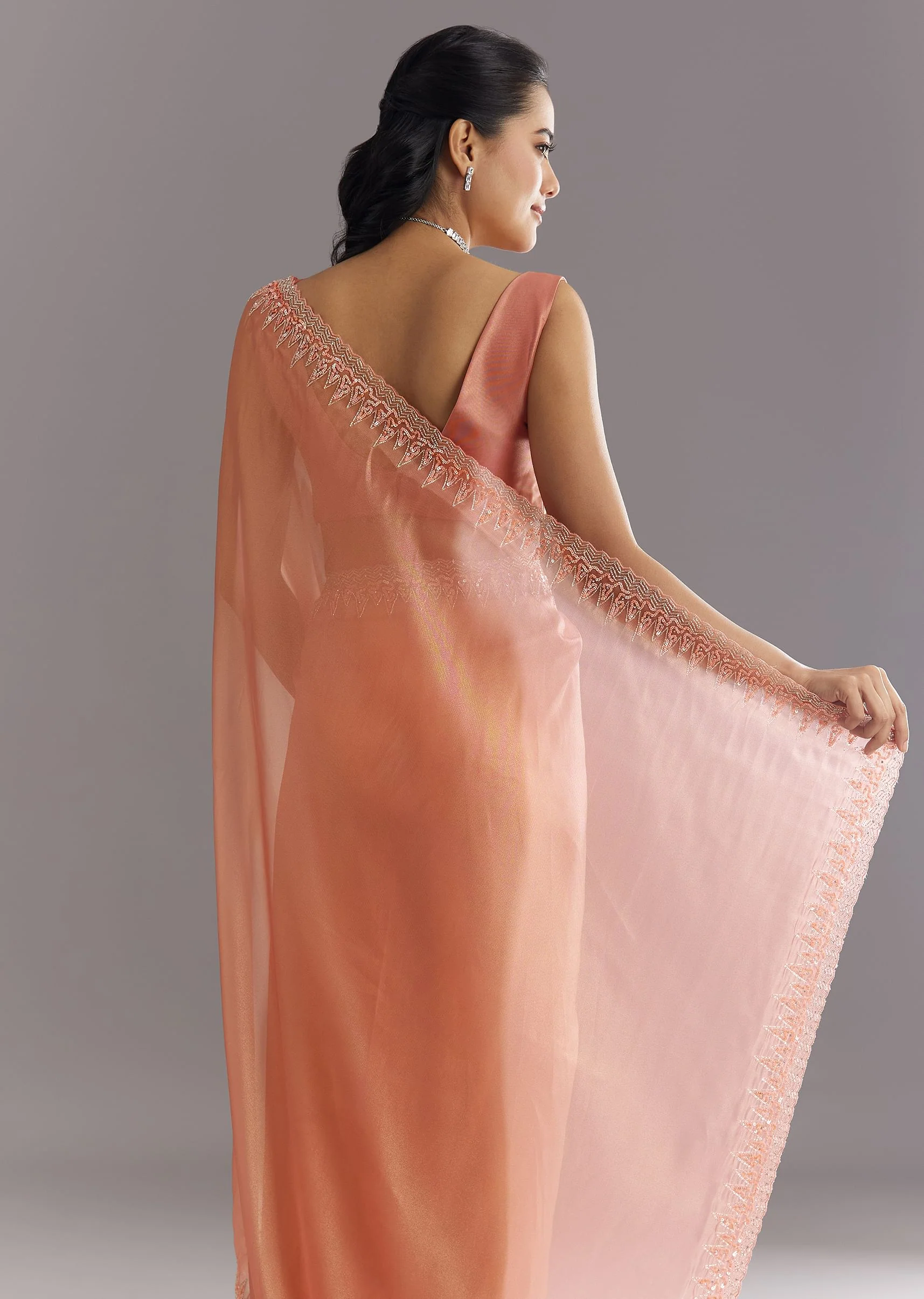 Peach Glass Tissue Saree With Cutdana Sequins Embroidery And Cutwork Scallop Border - Image 4