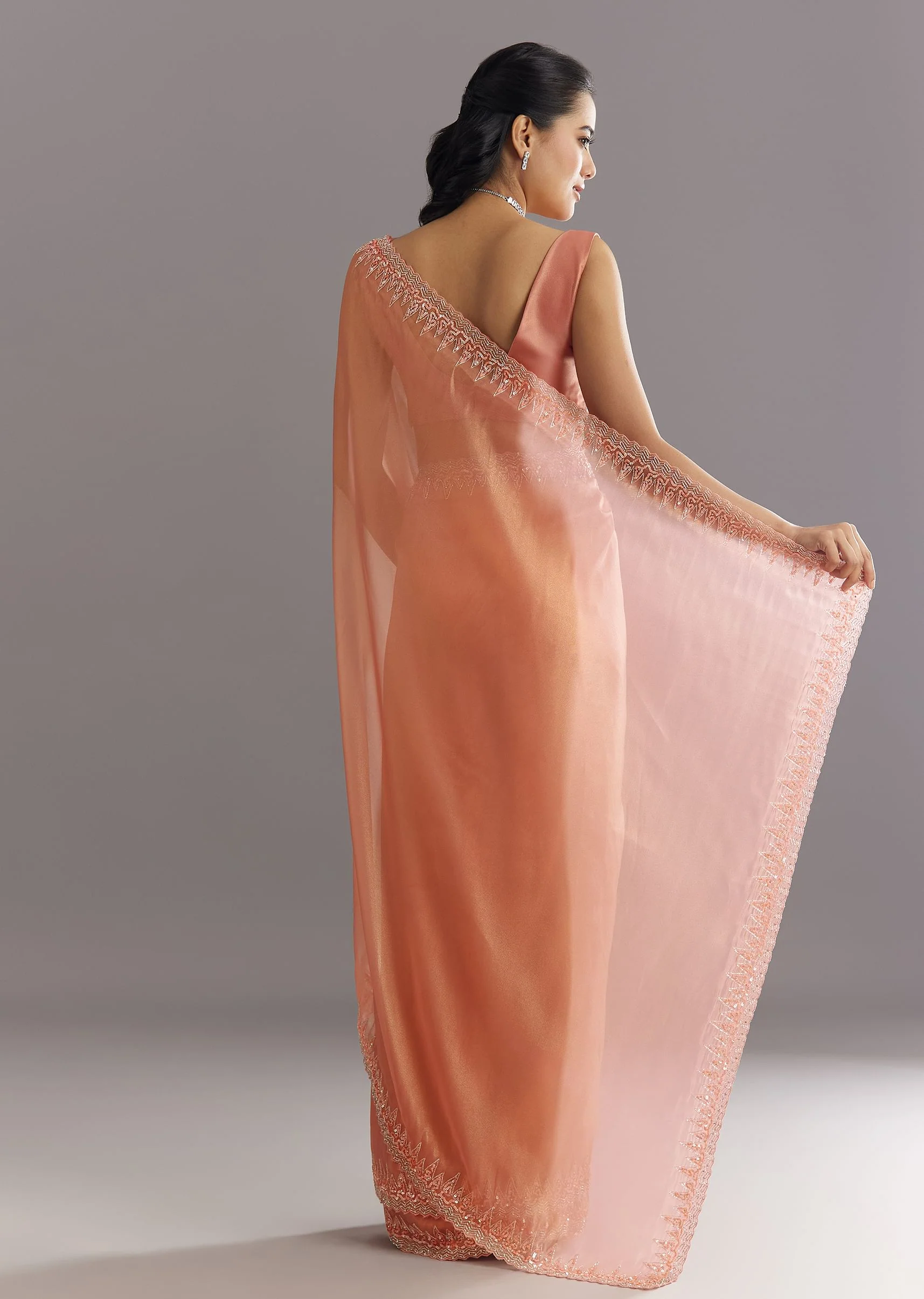 Peach Glass Tissue Saree With Cutdana Sequins Embroidery And Cutwork Scallop Border - Image 6