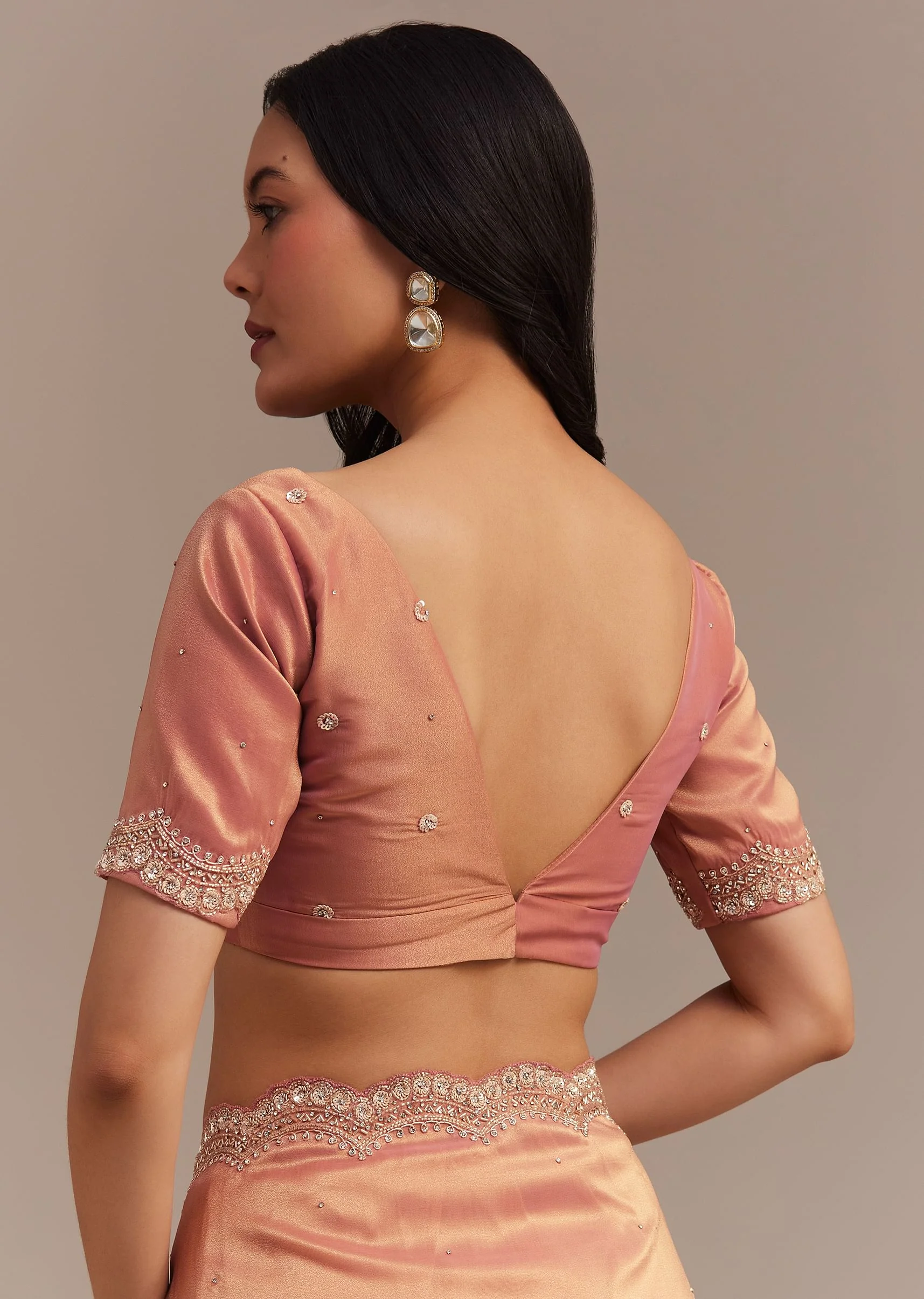 Peach Glass Tissue Saree With Stone And Cutdana Embroidery - Image 8