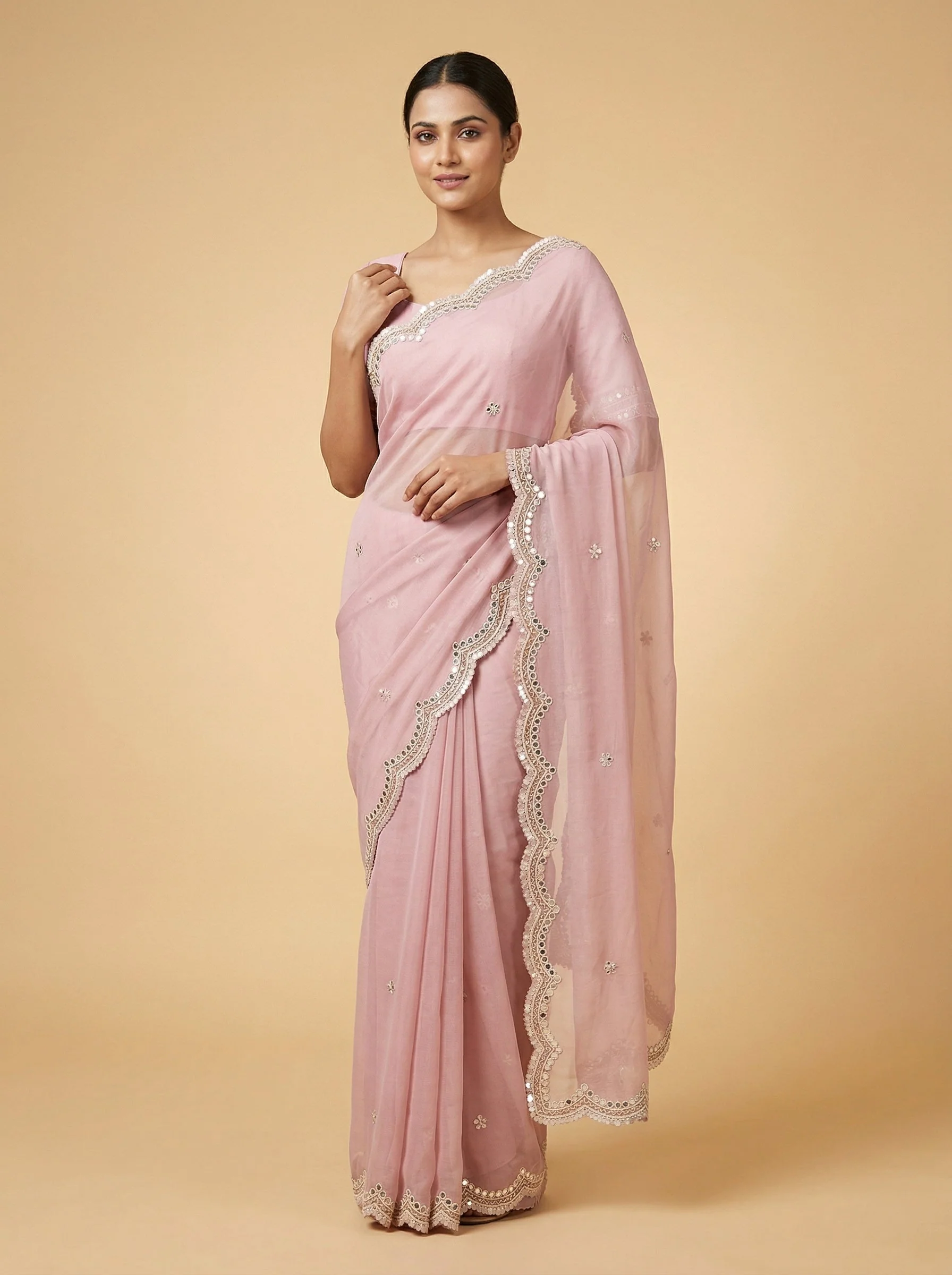 Peach Gold Shimmer Embroidered Saree