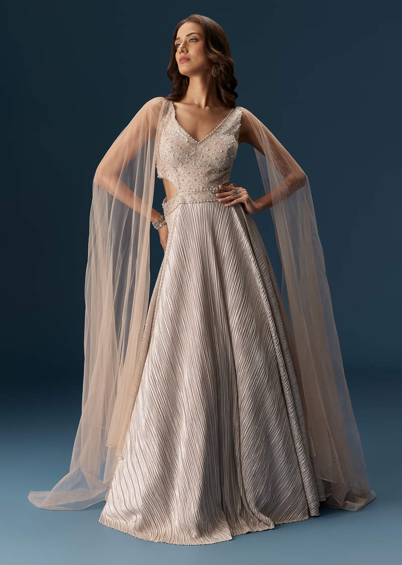 Peach Gown With Fully Embroidered Yoke And Feather Embellished Shoulders - Image 4