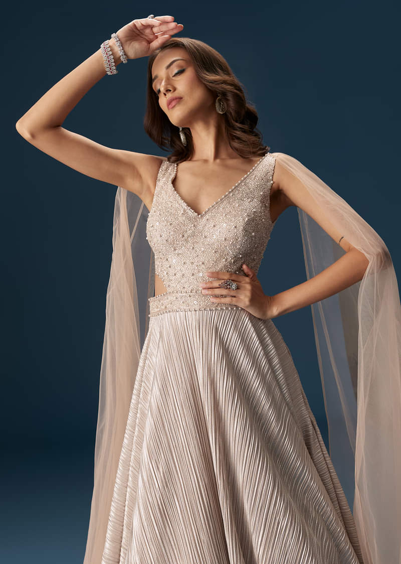 Peach Gown With Fully Embroidered Yoke And Feather Embellished Shoulders - Image 5