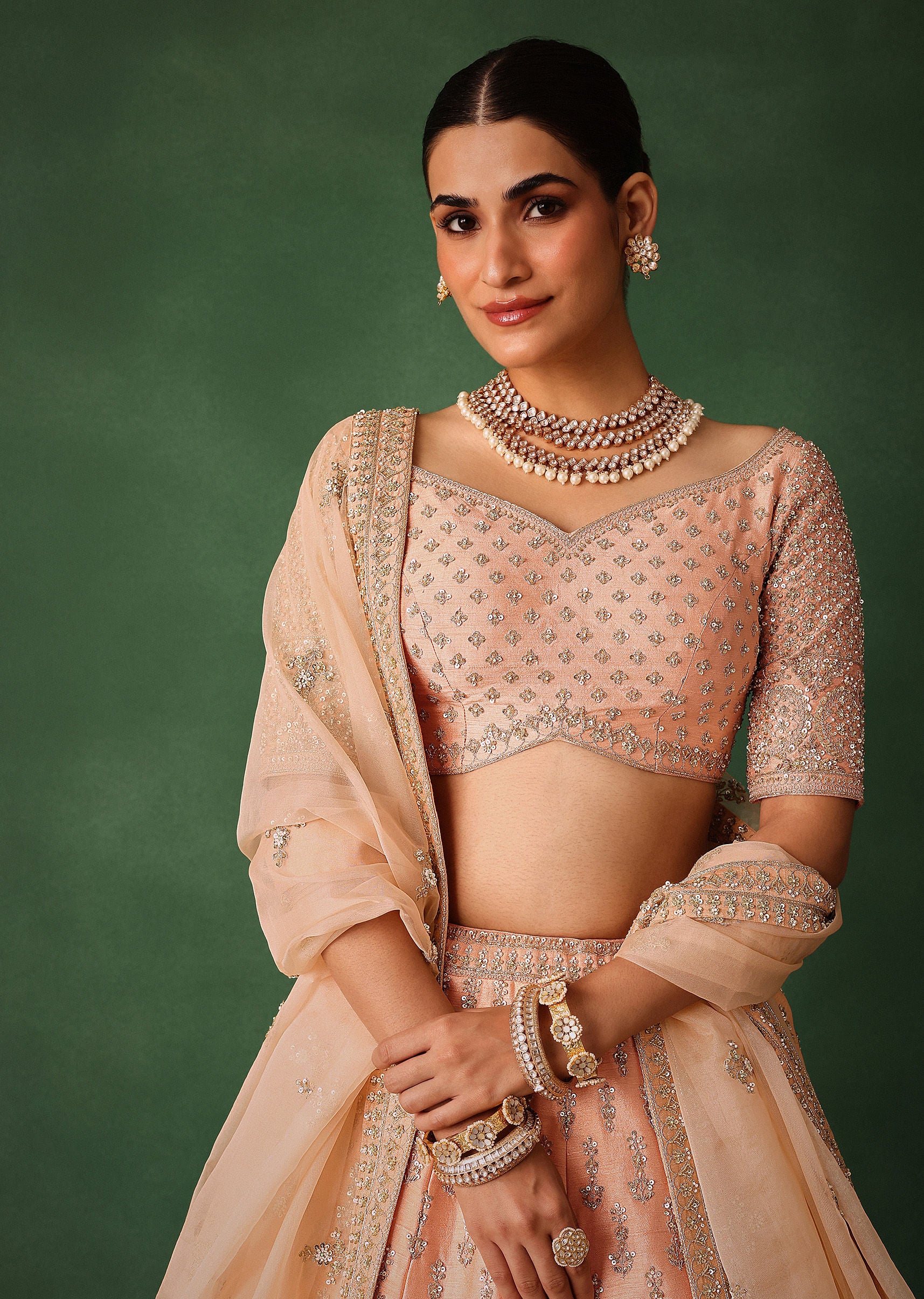 Peach Hand Embroidered Raw Silk Lehenga Set With Butti Work - Image 5