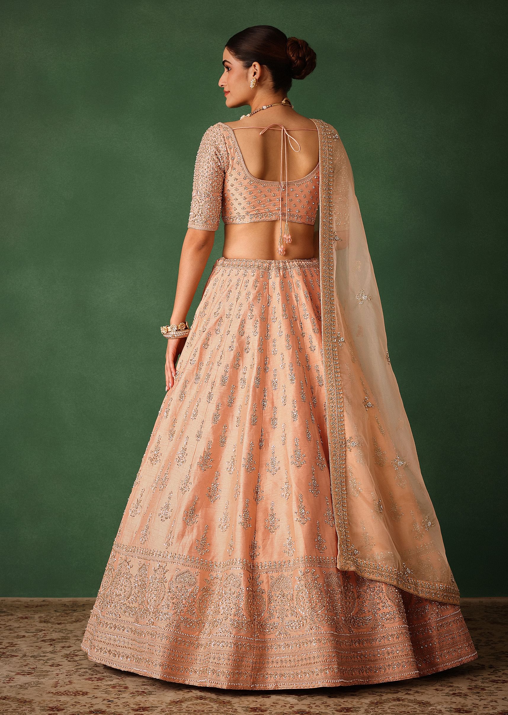 Peach Hand Embroidered Raw Silk Lehenga Set With Butti Work - Image 6