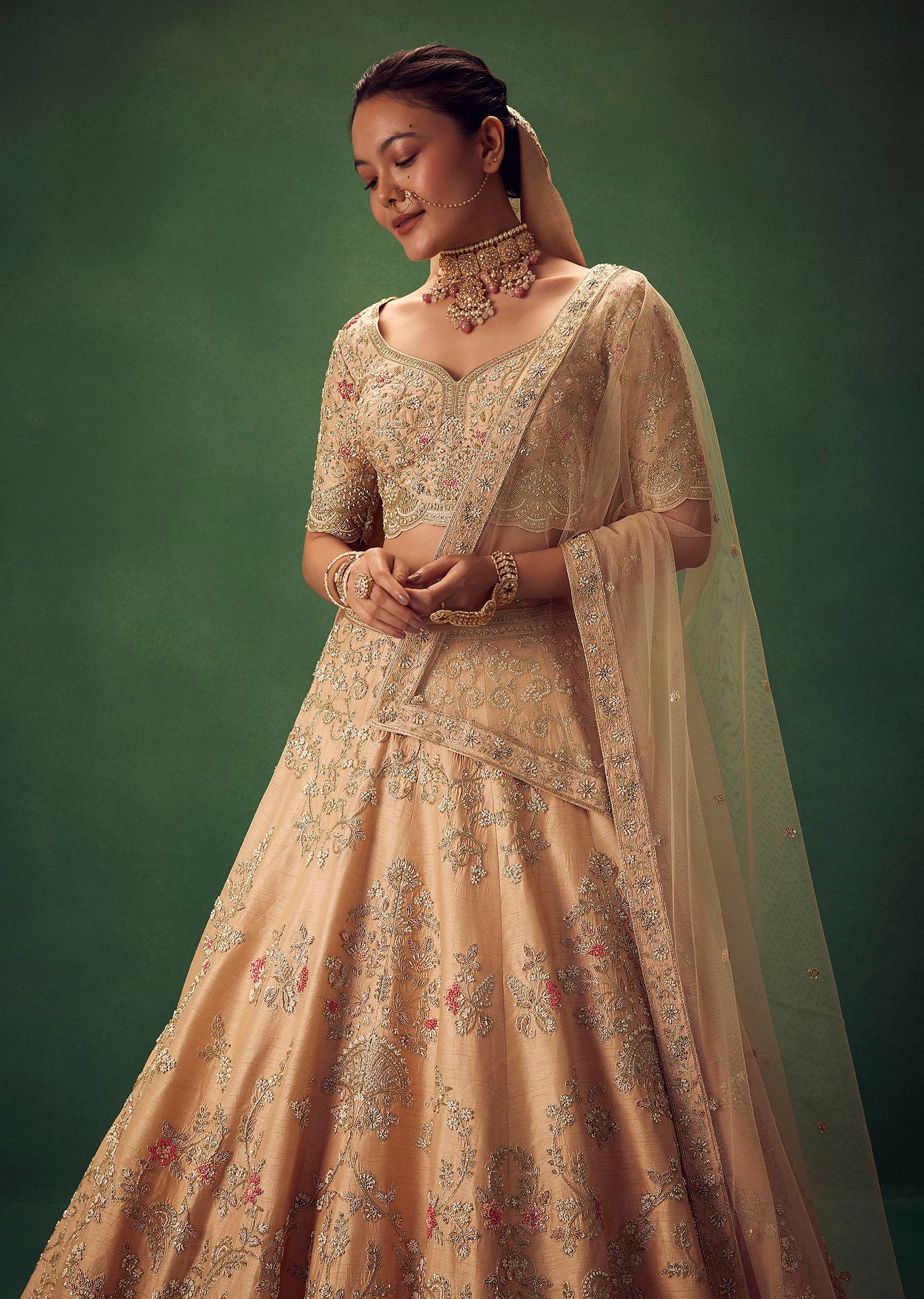 Peach Hand Embroidered Sequin And Zari Work Lehenga Set - Image 5