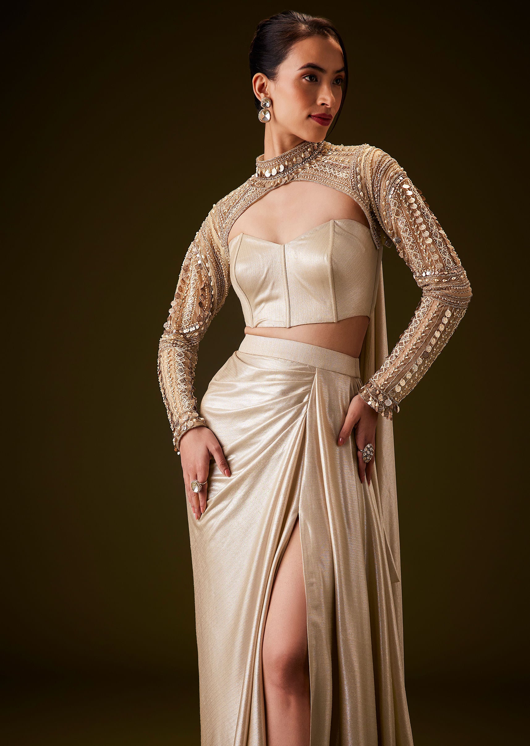 Peach Hand Embroidered Skirt Set With Cape - Image 3