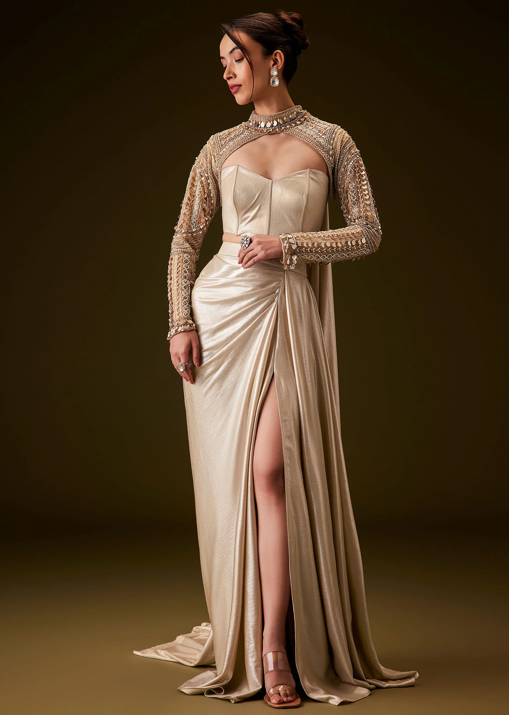 Peach Hand Embroidered Skirt Set With Cape - Image 4