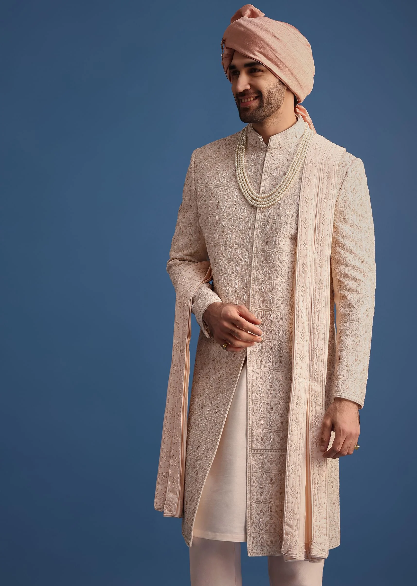 Peach Heavy Hand Embroidered Sherwani Suit - Image 5