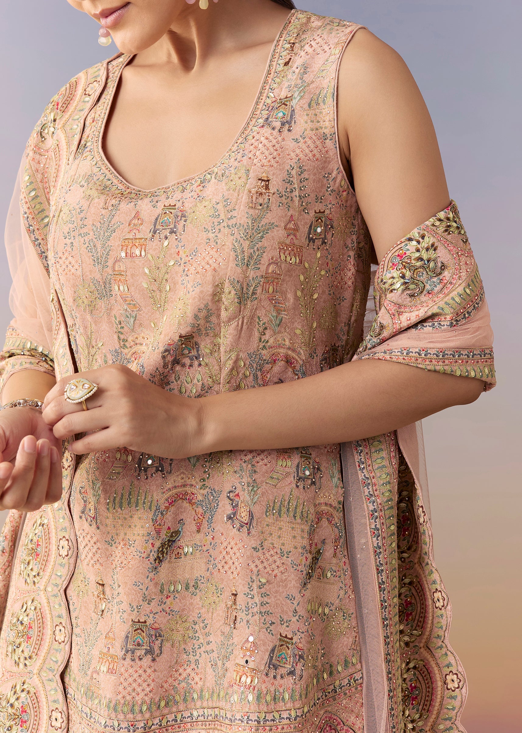 Peach Indie Printed Palazzo Set With Dupatta - Image 2