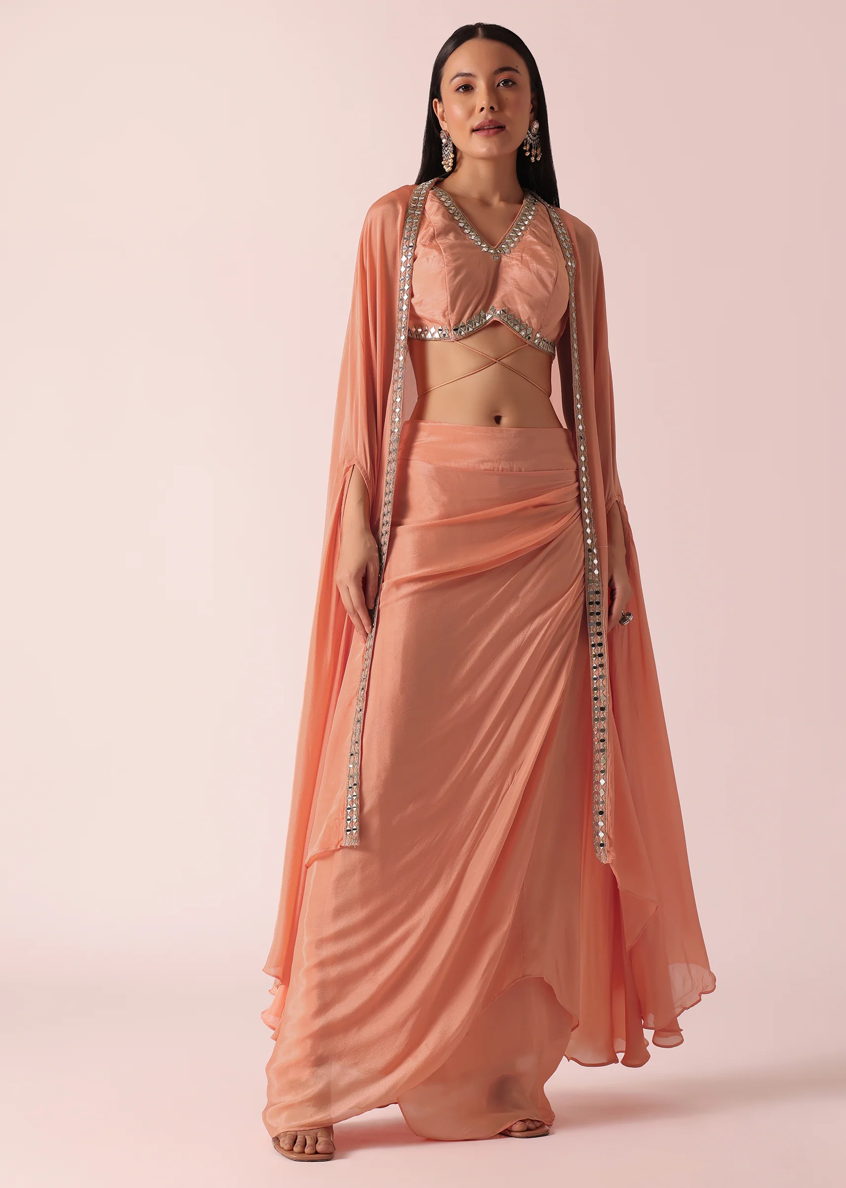Peach Jacket And Dhoti Set With Mirror Work - Image 3