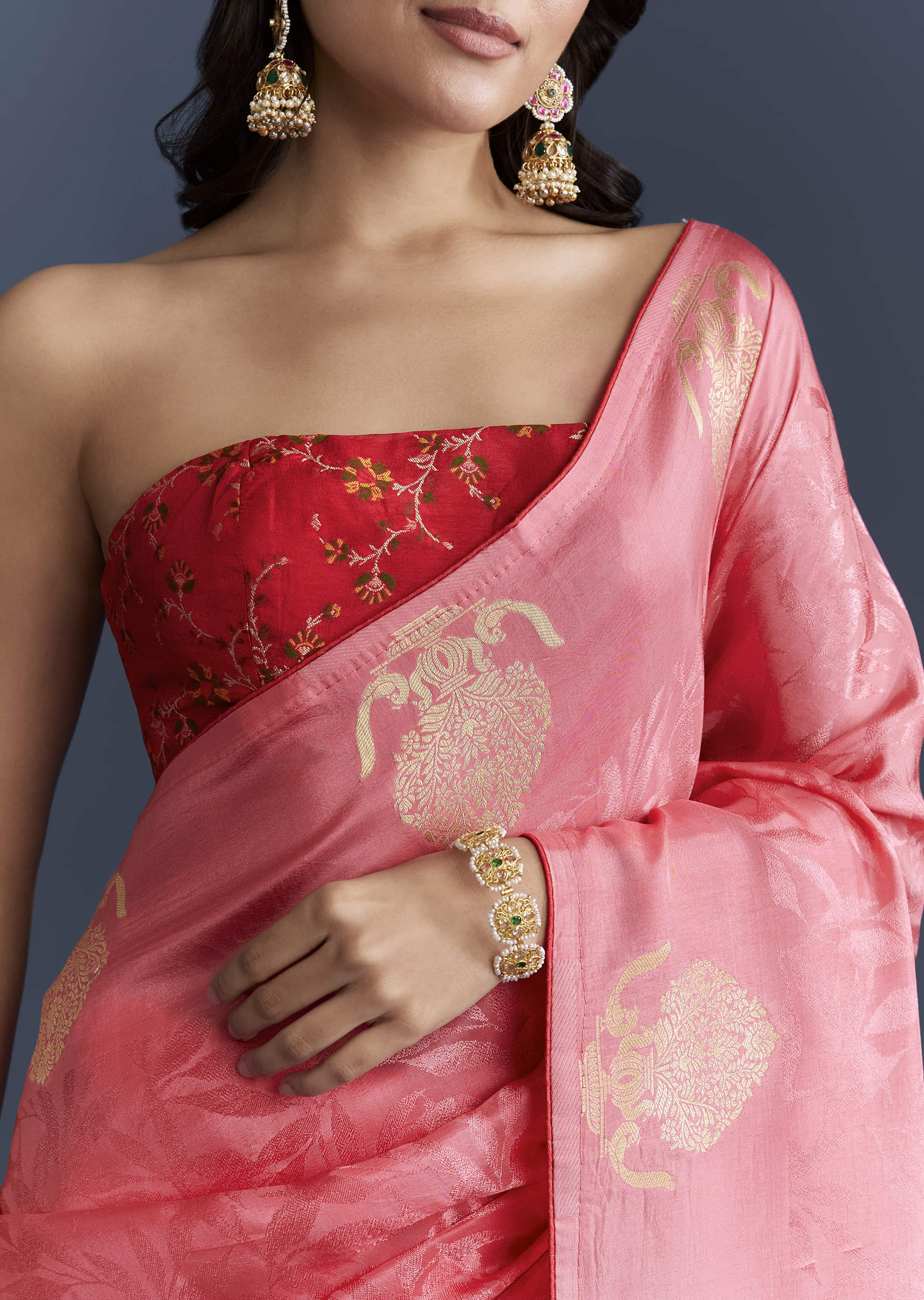 Peach Jacquard Woven Saree With Zari Work - Image 2
