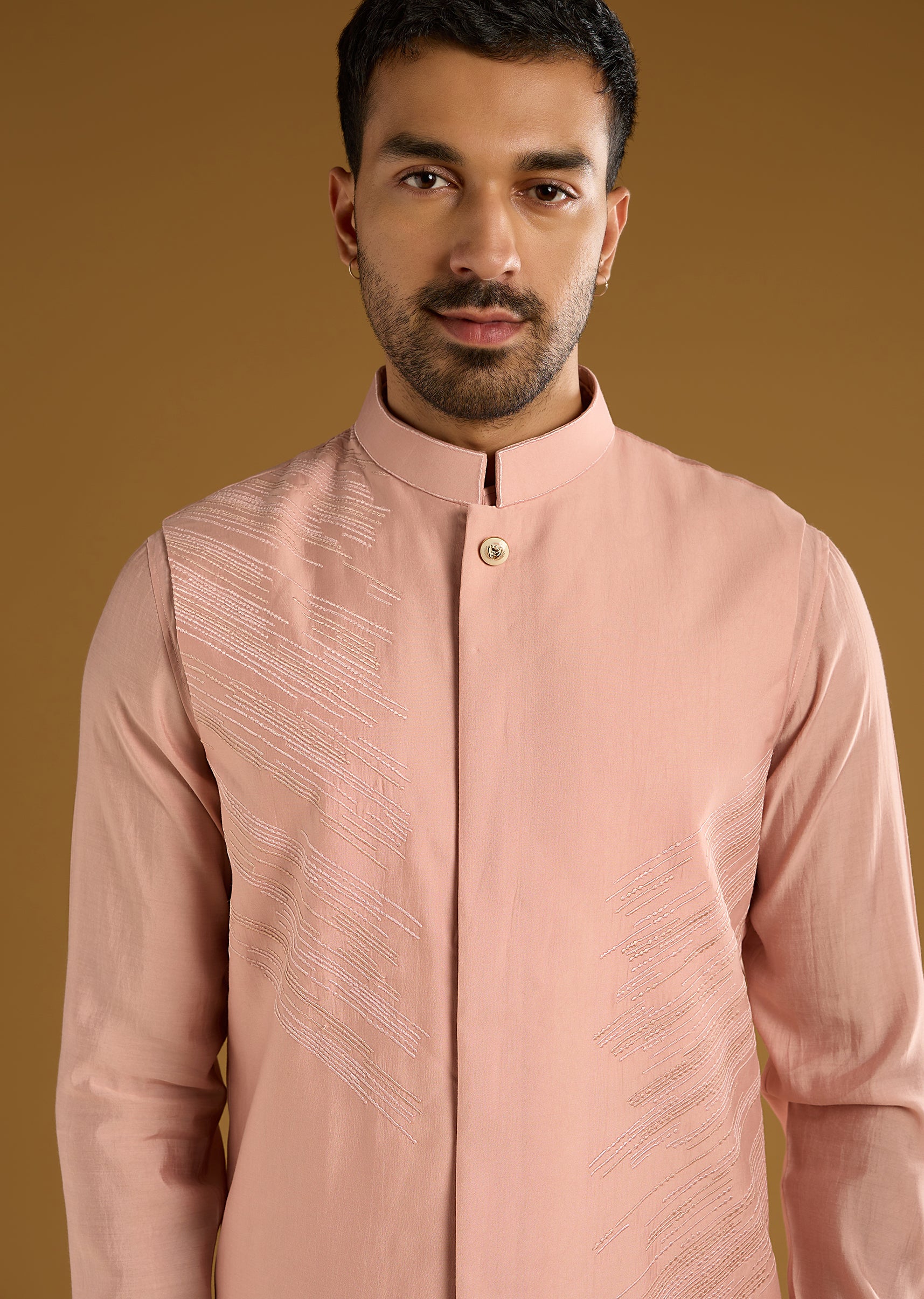 Peach Kurta Jacket Set For Men With Thread Embroidery