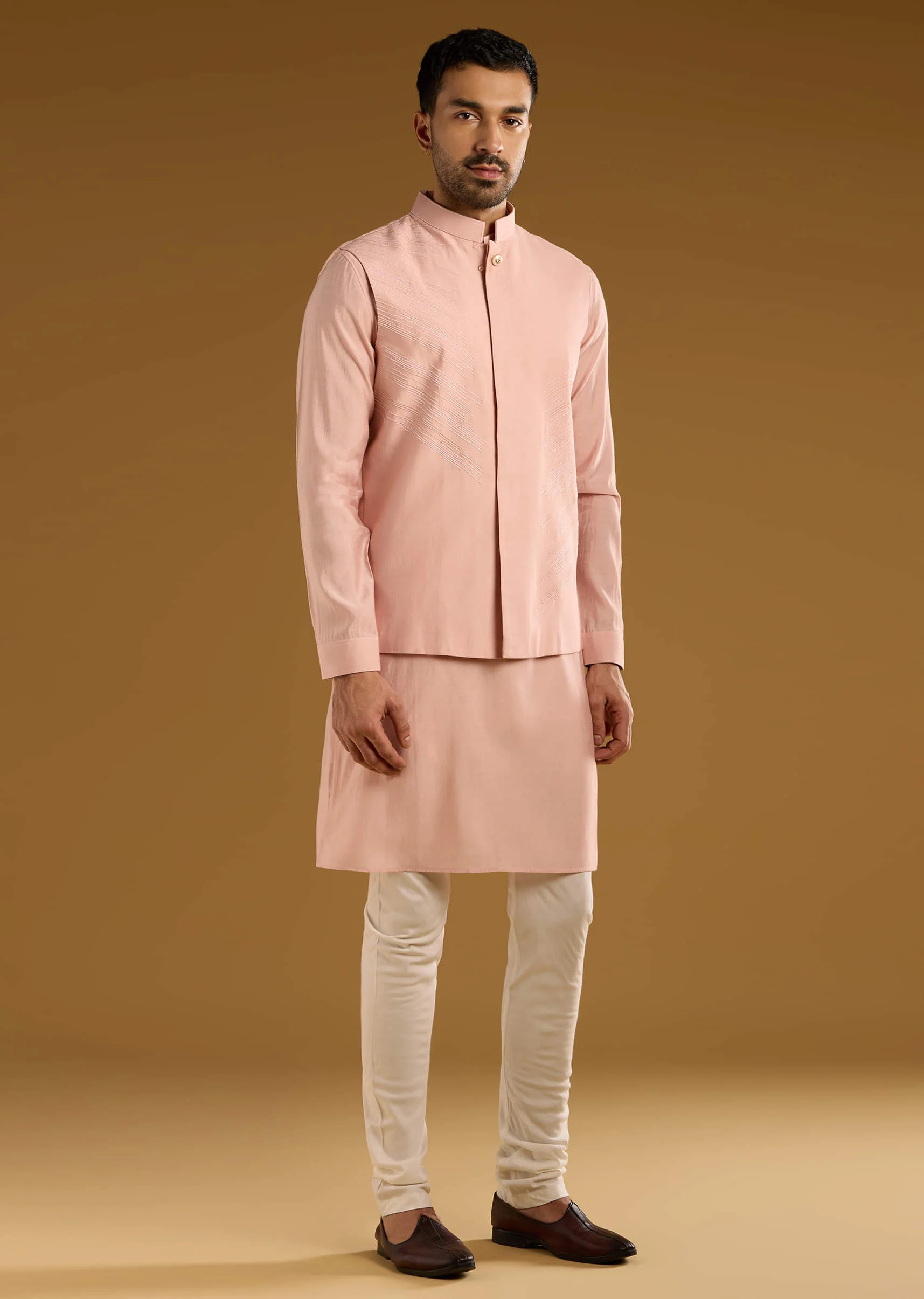 Peach Kurta Jacket Set For Men With Thread Embroidery - Image 2