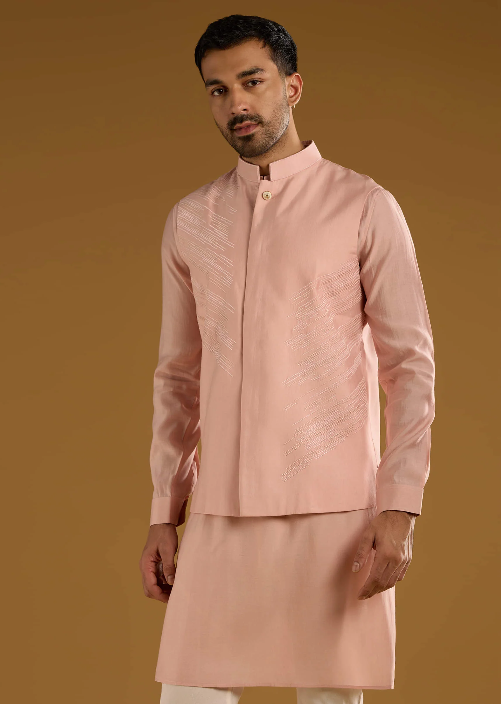 Peach Kurta Jacket Set For Men With Thread Embroidery - Image 3
