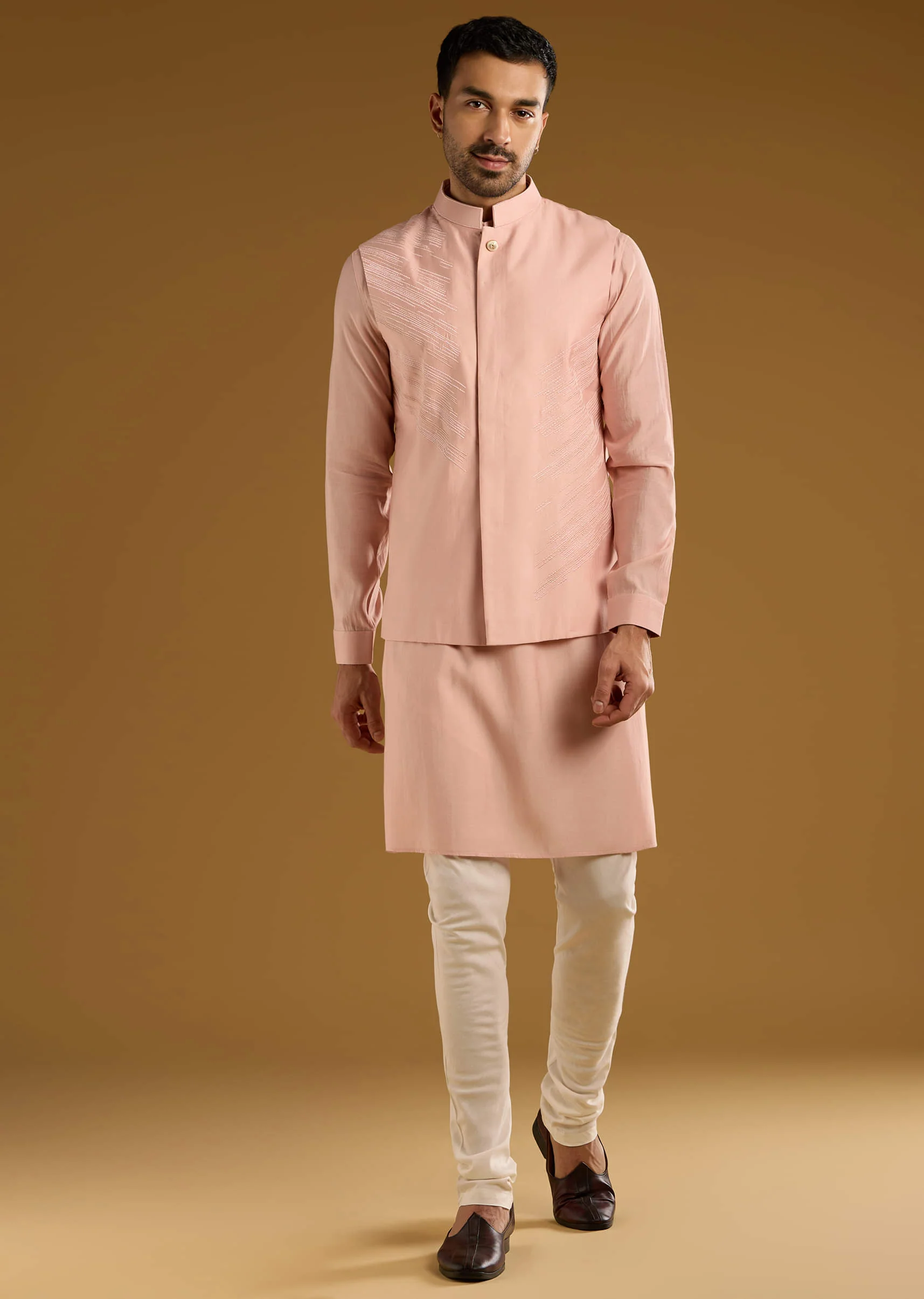 Peach Kurta Jacket Set For Men With Thread Embroidery - Image 4
