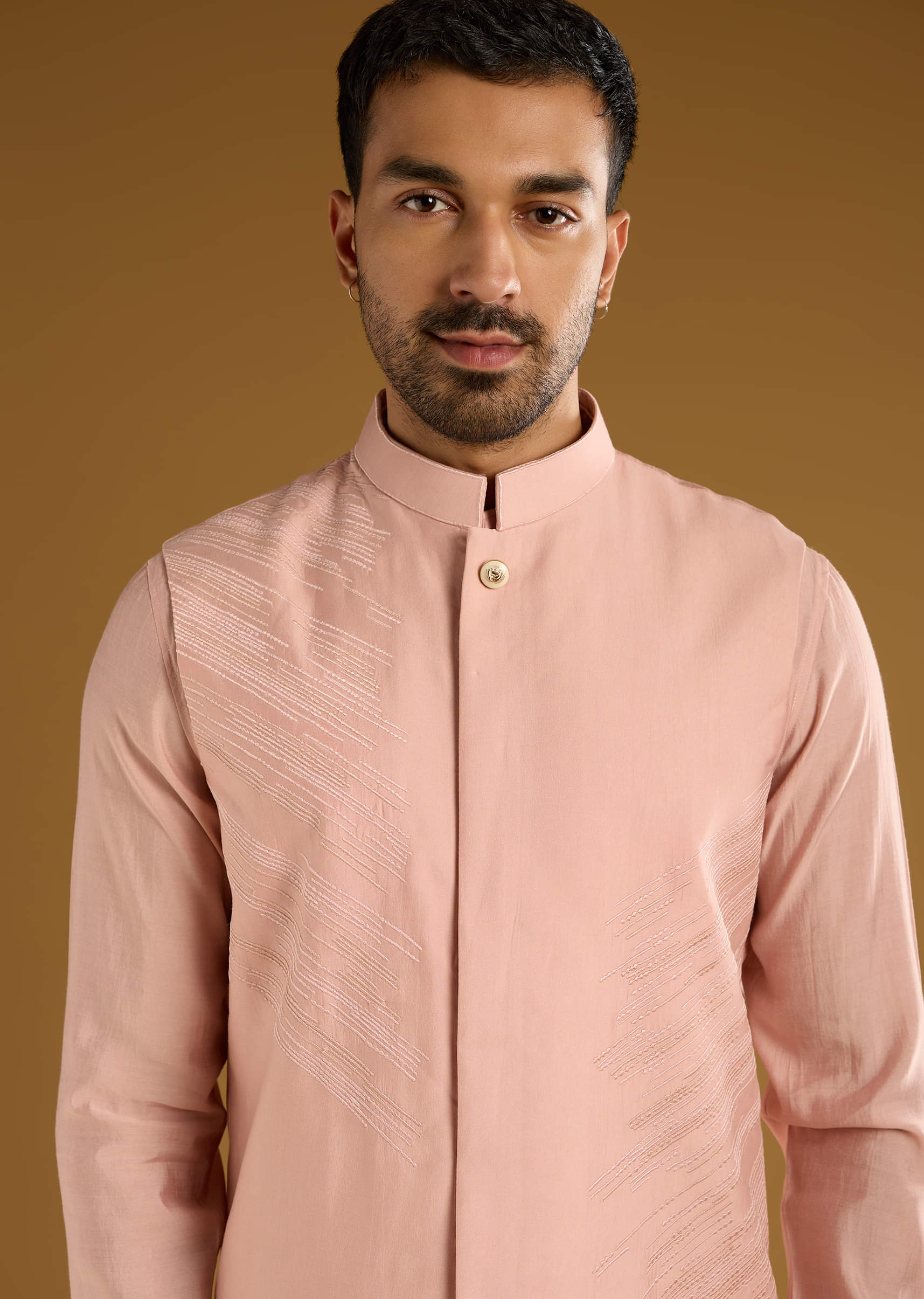 Peach Kurta Jacket Set For Men With Thread Embroidery - Image 5