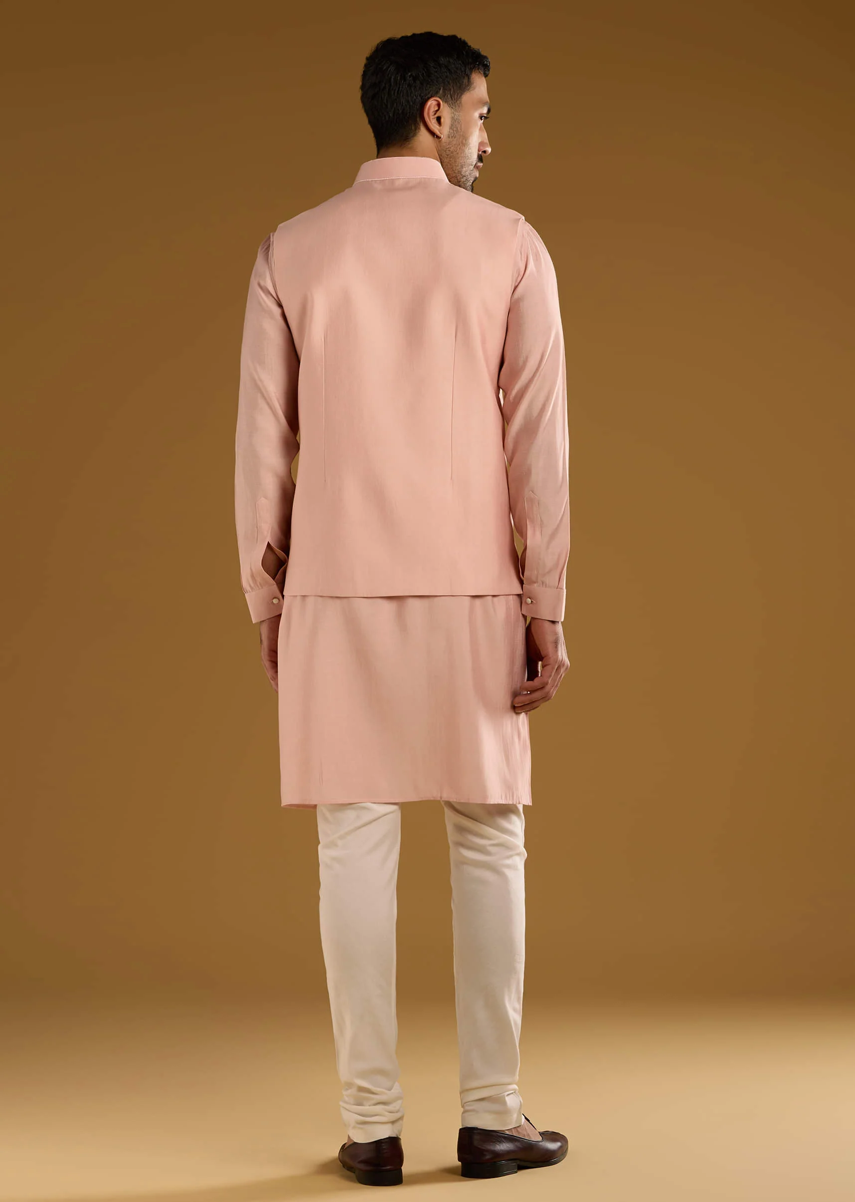 Peach Kurta Jacket Set For Men With Thread Embroidery - Image 6