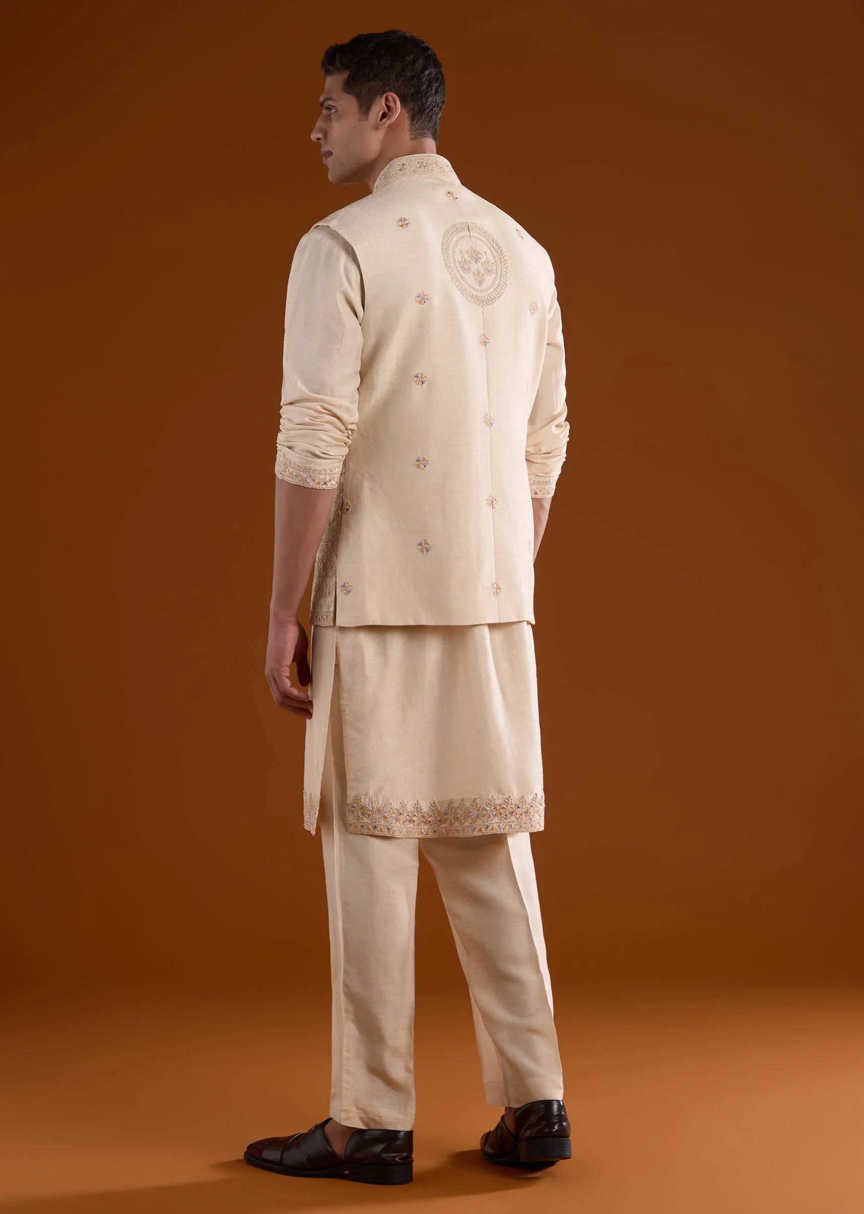 Peach Kurta Jacket Set With Dori And Thread Detail Work - Image 5