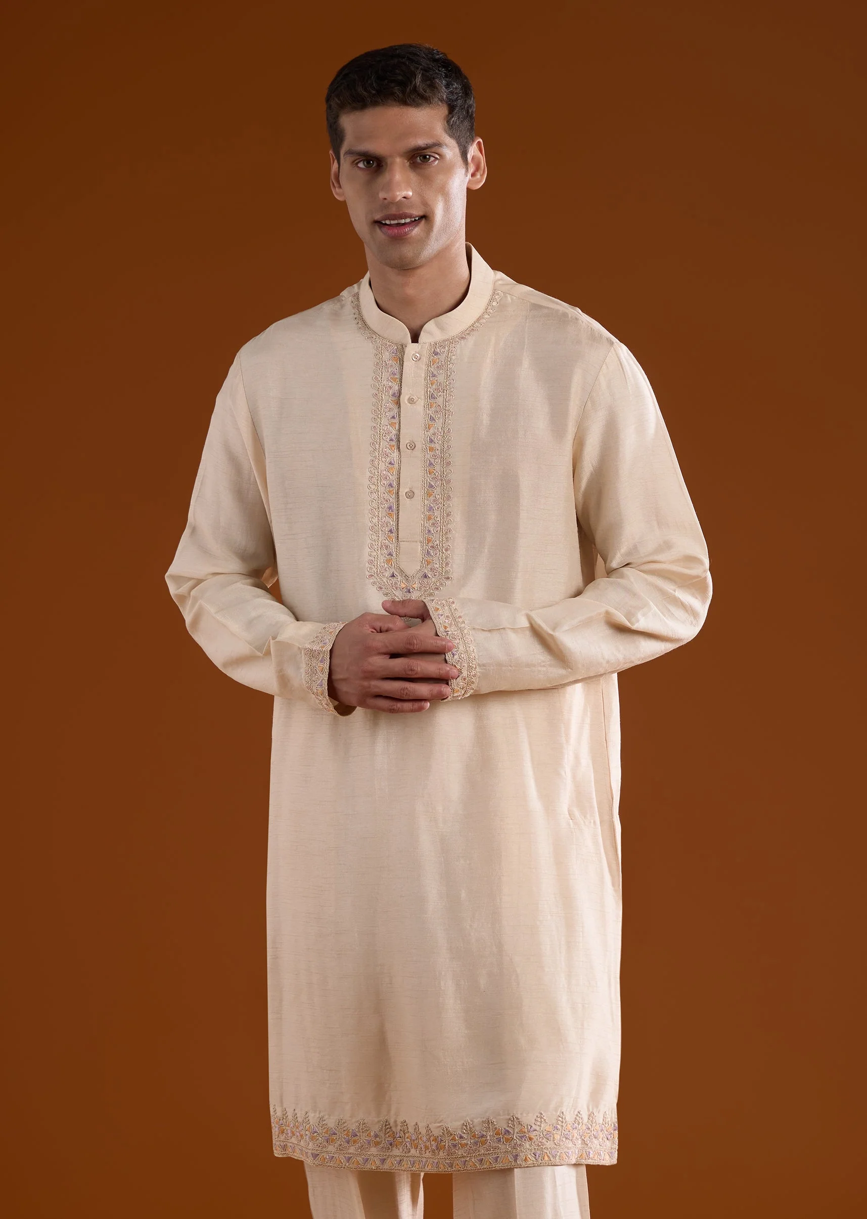 Peach Kurta Jacket Set With Dori And Thread Detail Work - Image 6
