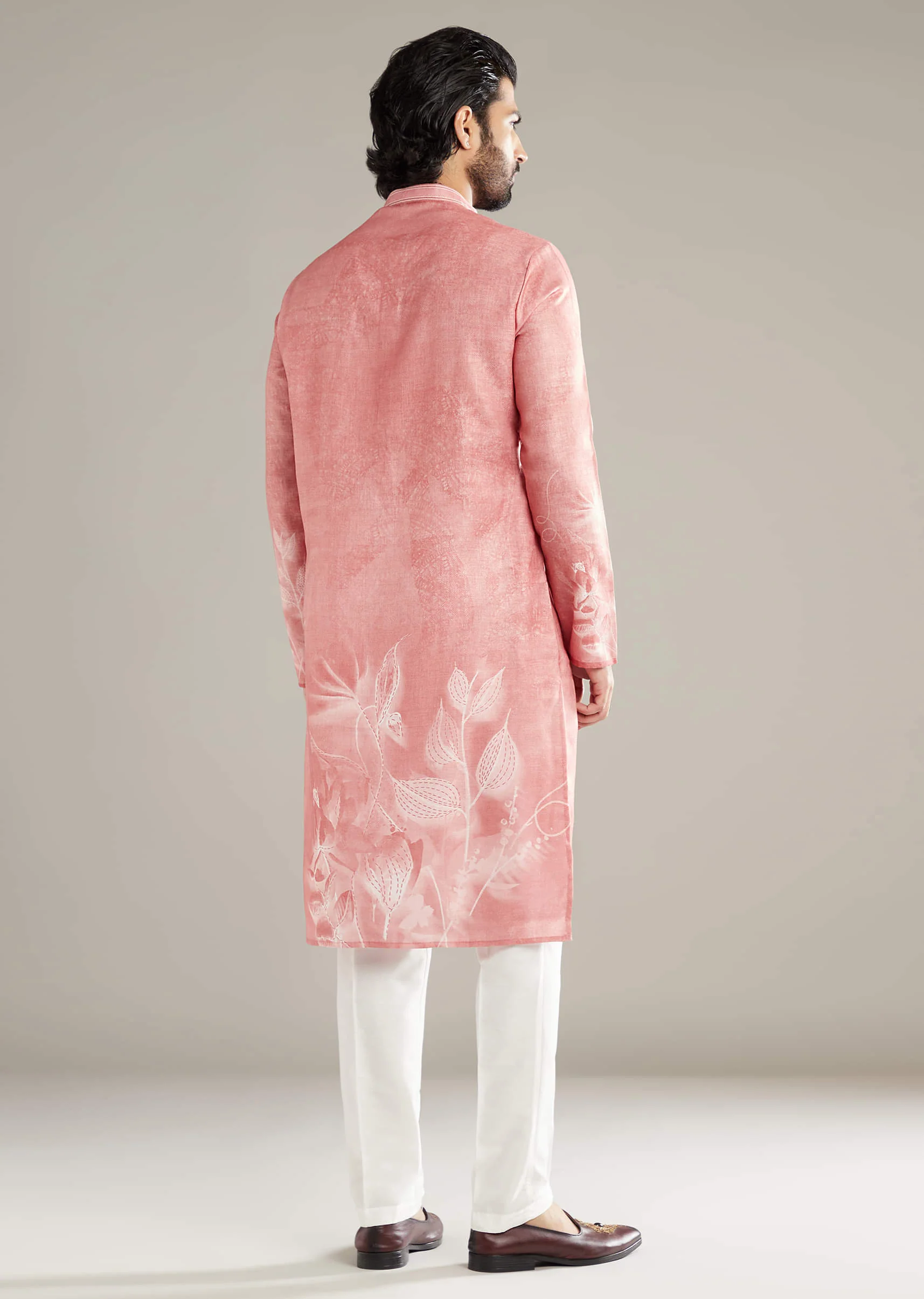 Peach Kurta Set For Men With Floral Print - Image 3