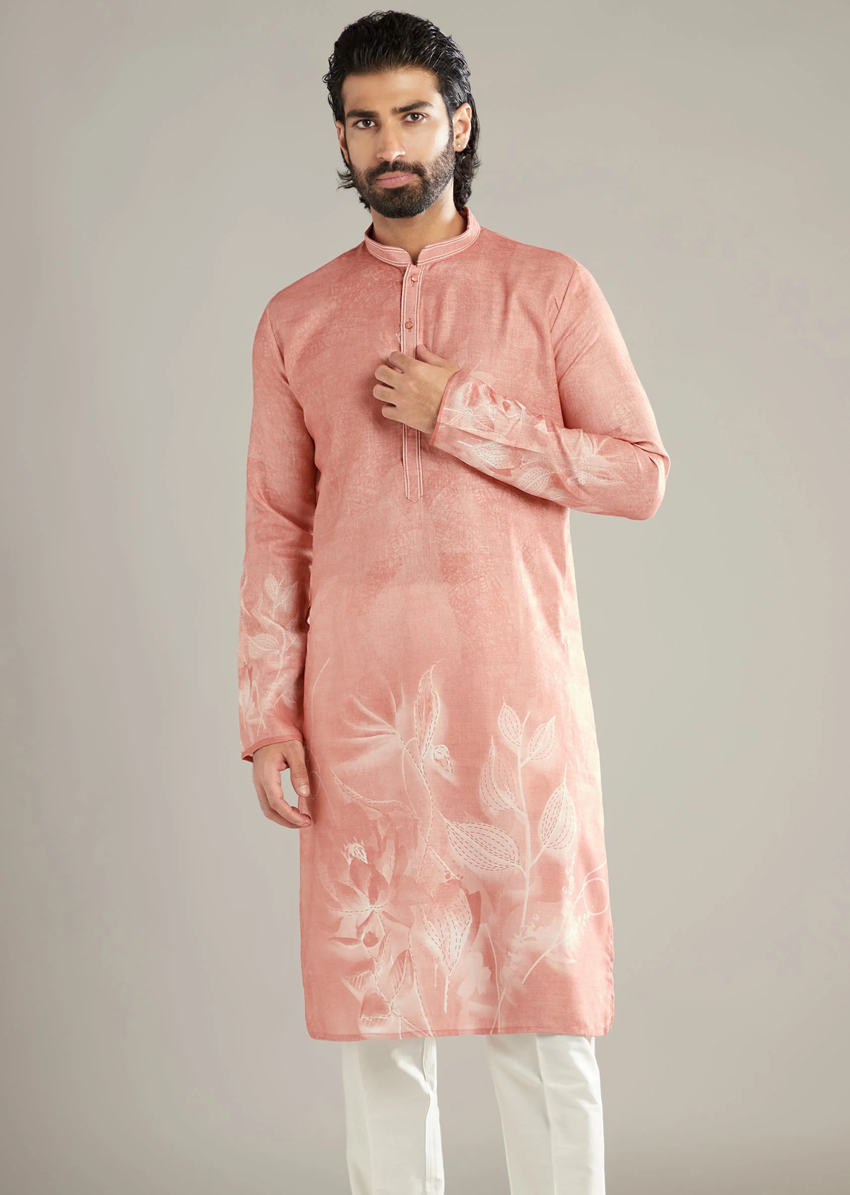 Peach Kurta Set For Men With Floral Print - Image 4
