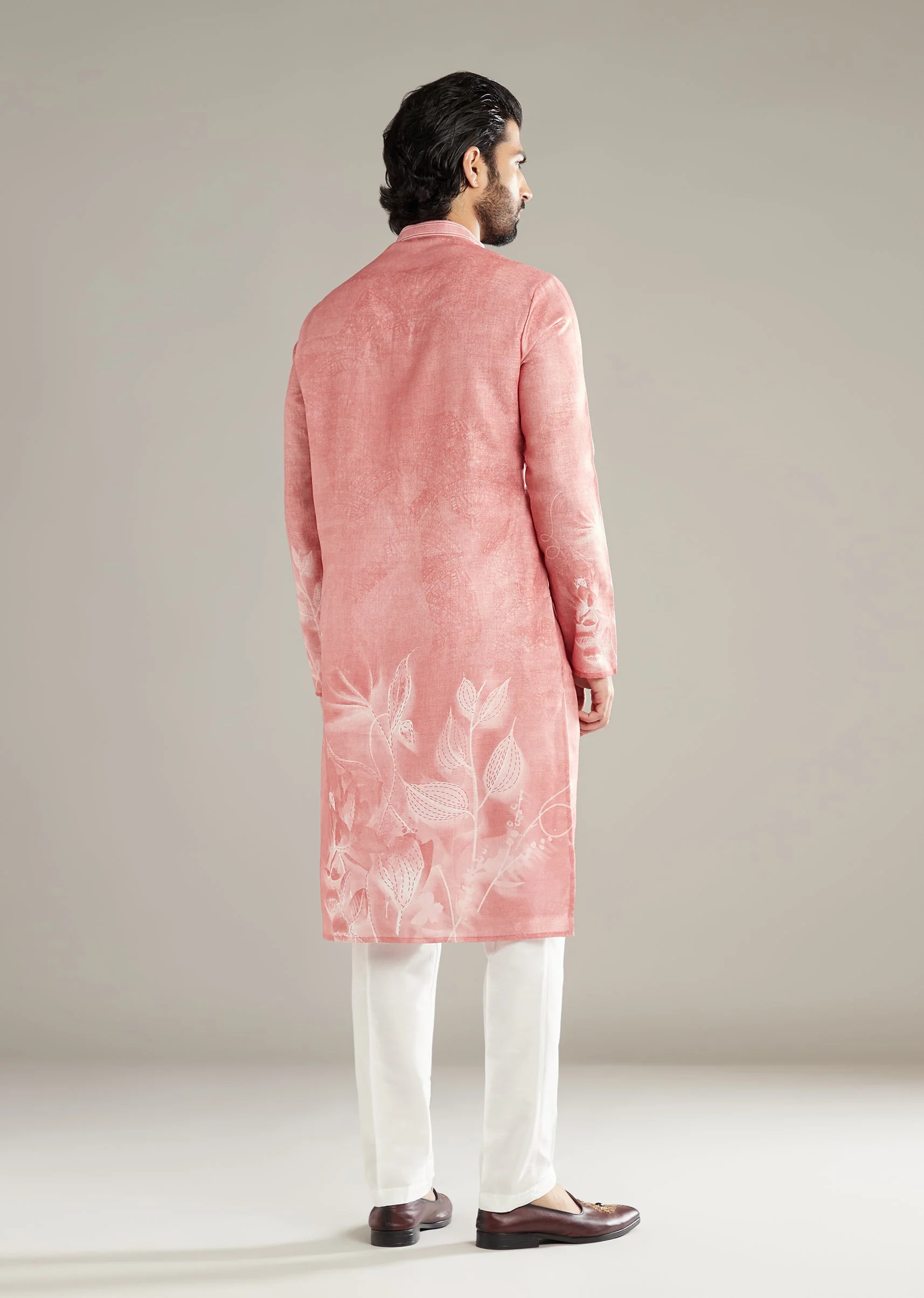Peach Kurta Set For Men With Floral Print - Image 5