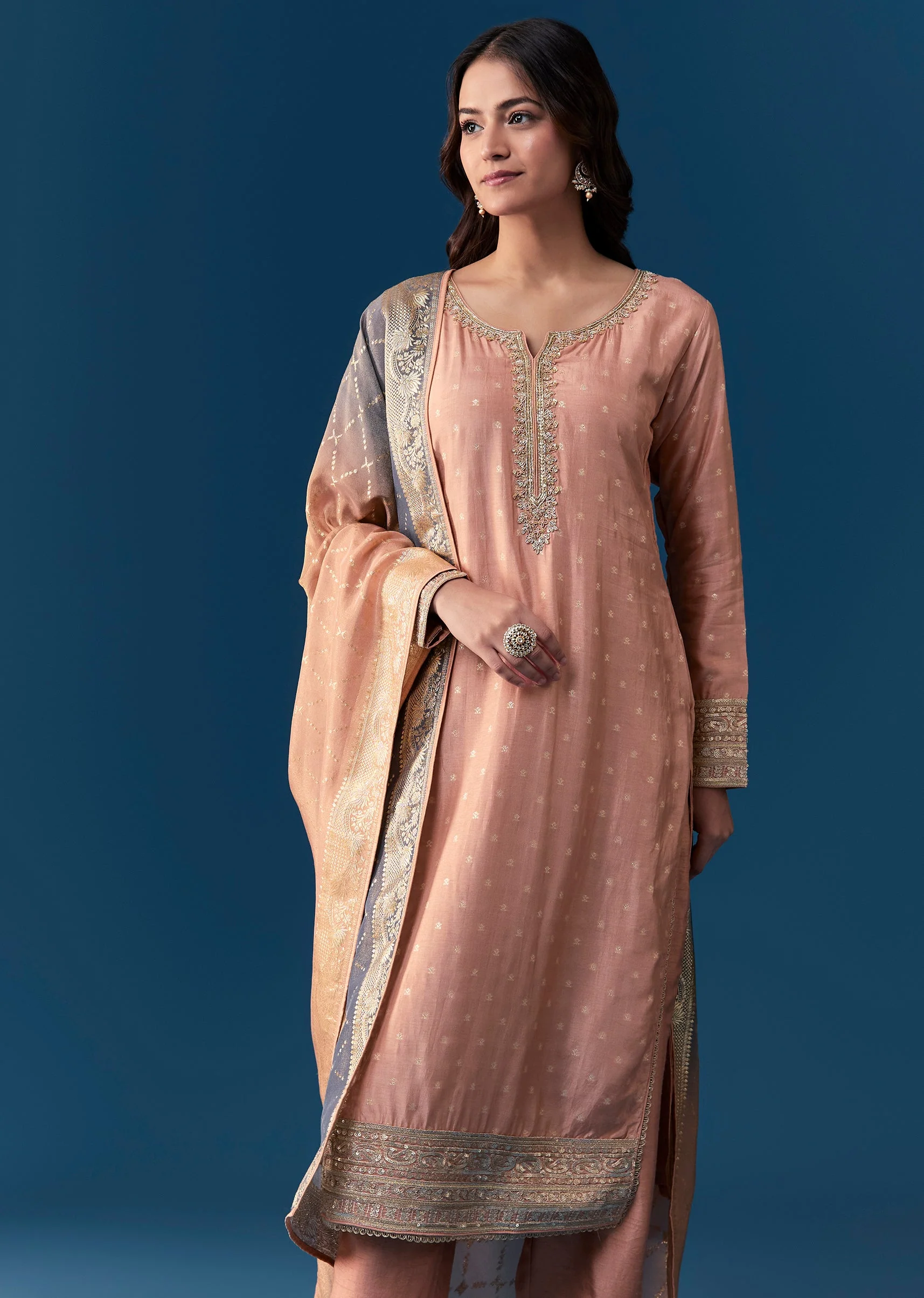 Peach Kurta Set With Zardosi And Sequins Work - Image 4