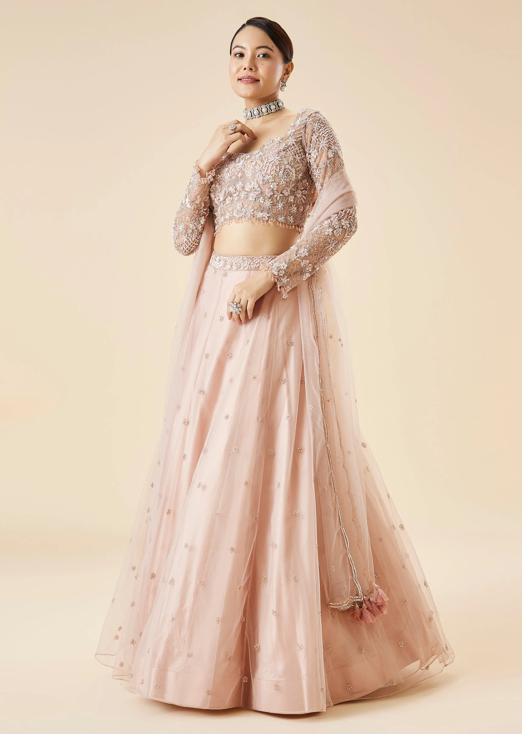Peach Lehenga Set With Embroidered Motifs and Dupatta - Image 4