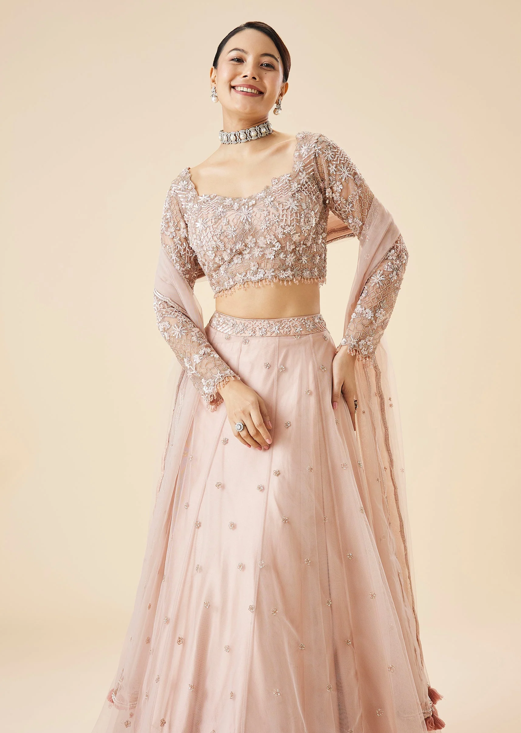 Peach Lehenga Set With Embroidered Motifs and Dupatta - Image 5