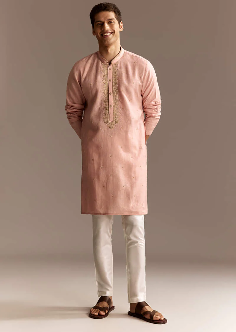 Peach Linen French Knot Kurta Set - Image 2