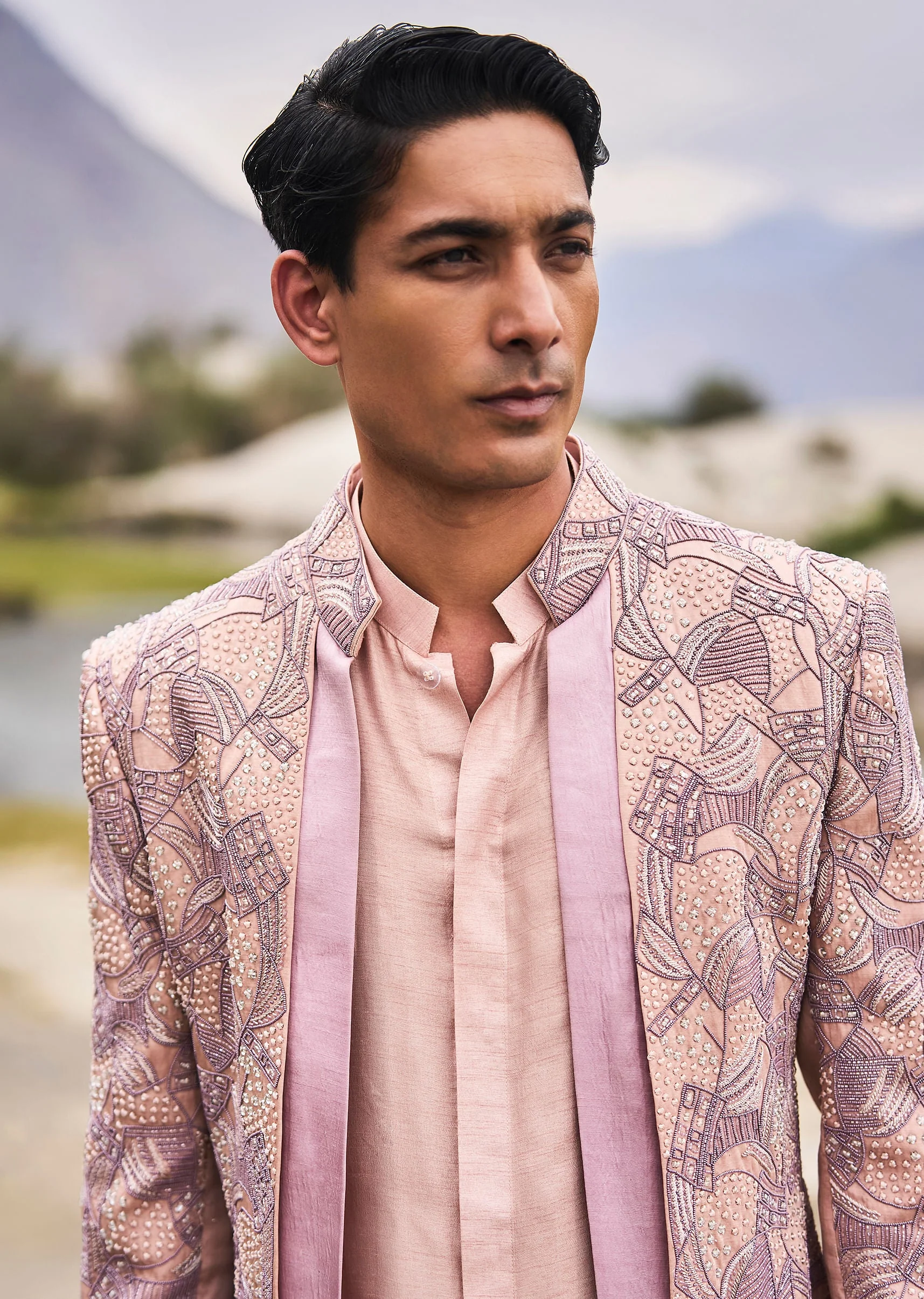 Peach Linen Sherwani With Hand Embroidery - Image 5