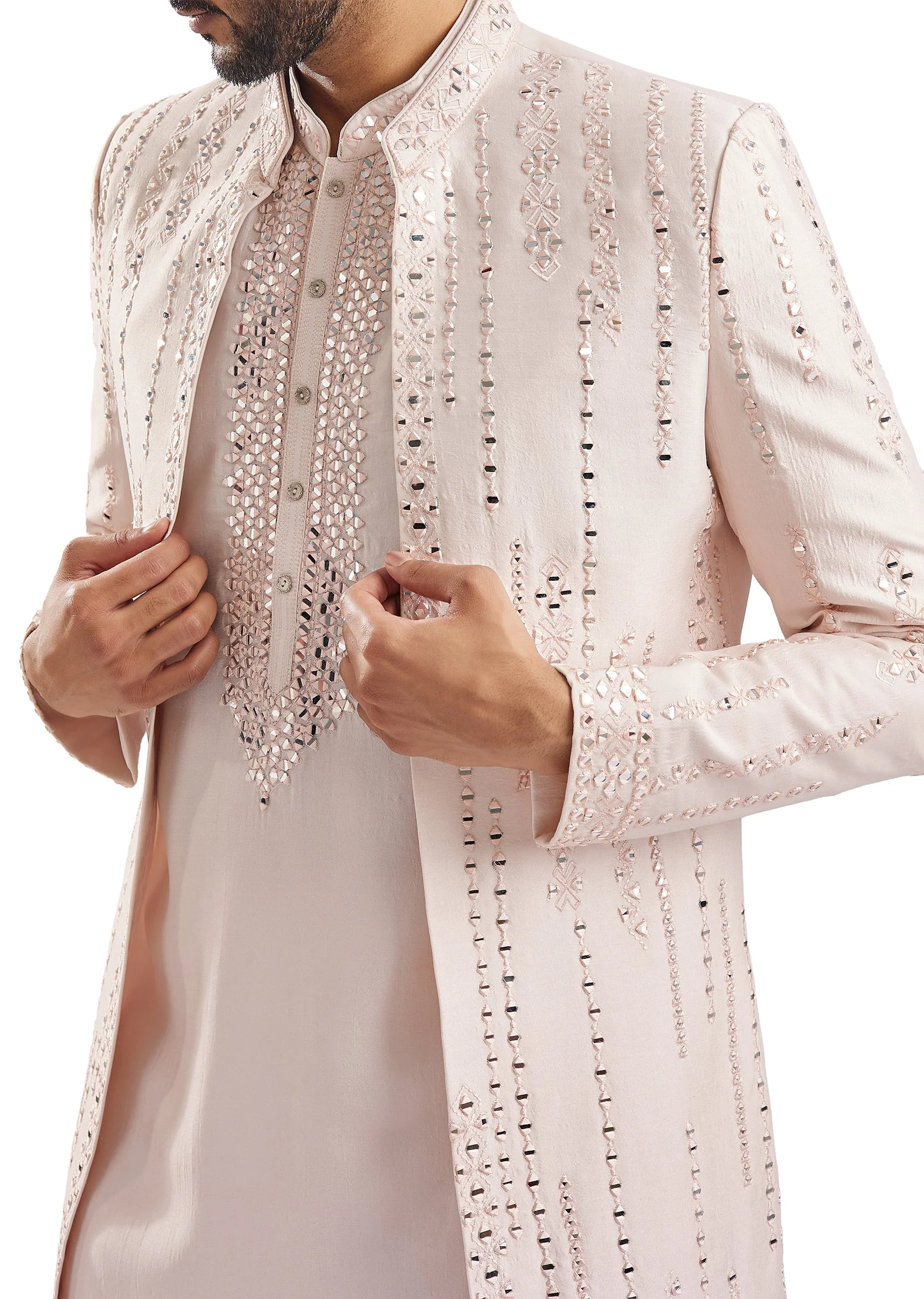 Peach Mirror Work Groomsman Sherwani - Image 5