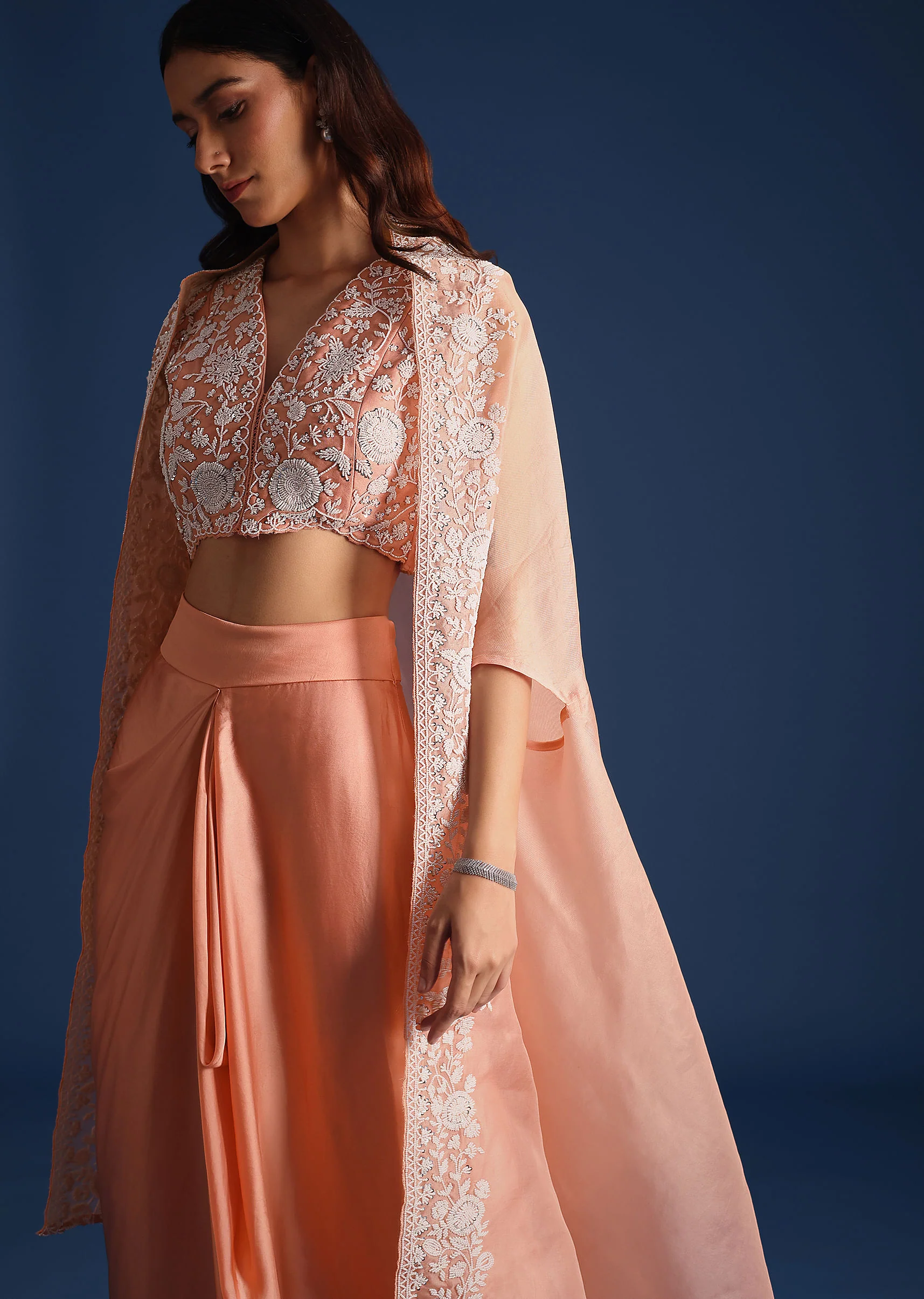 Peach Moti Work Jacket With Skirt And Crop Top - Image 4