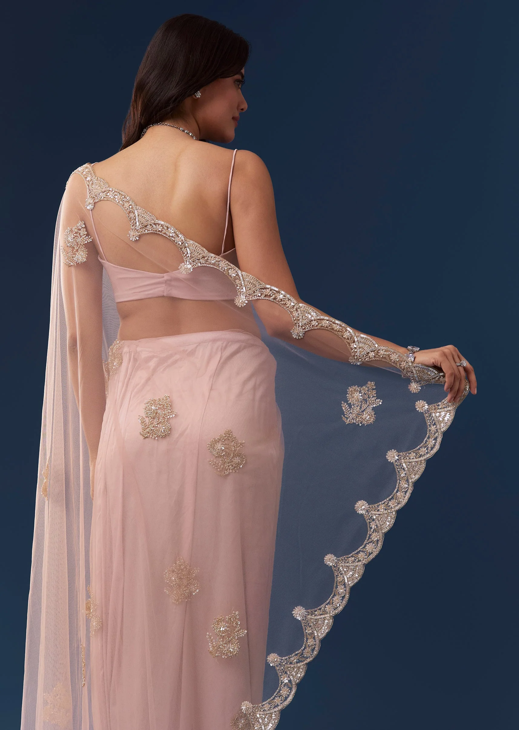 Peach Net Saree With Deep Scallop Border And Butti Embroidery - Image 6
