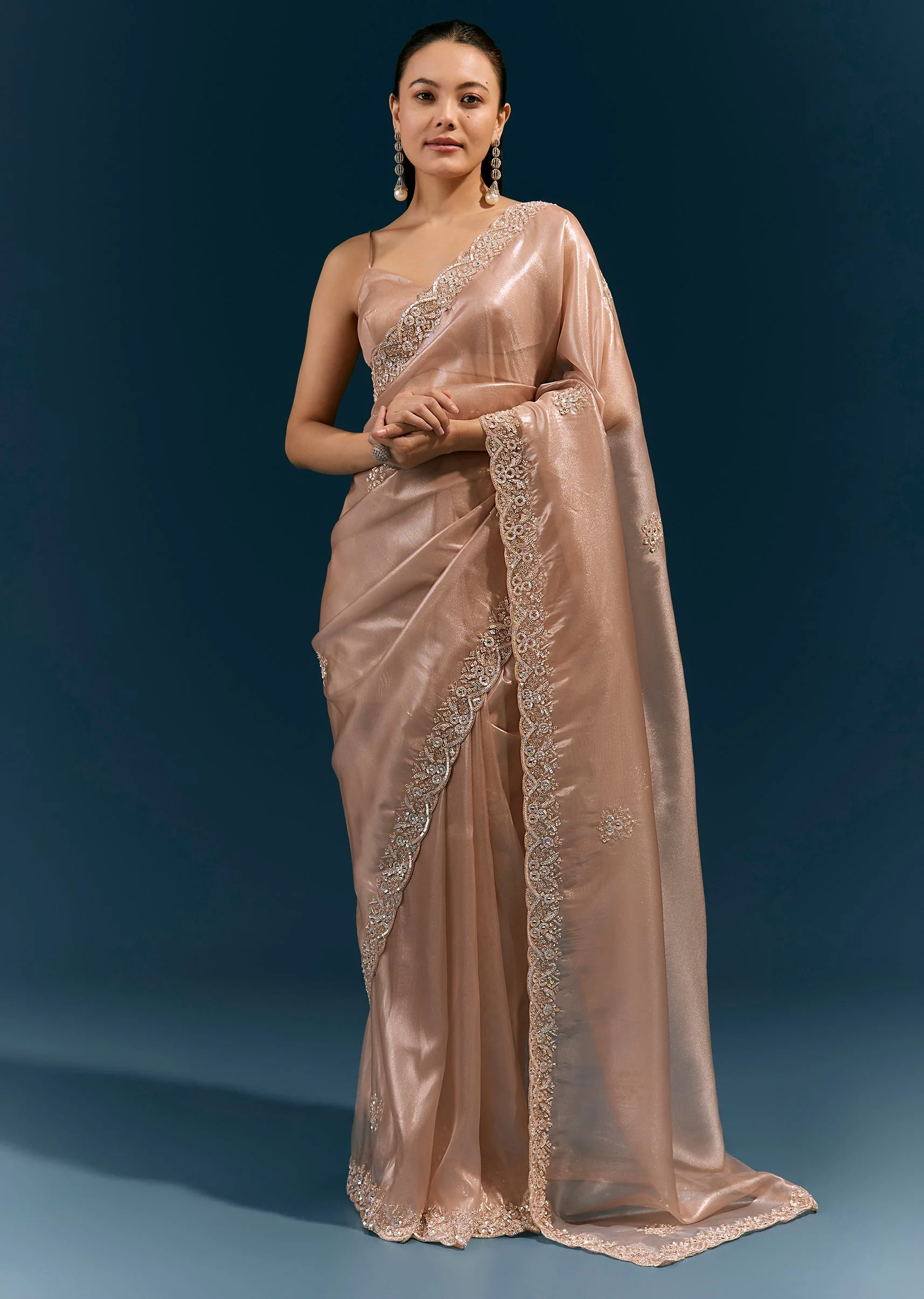 Peach Net Saree With Scalloped Cutda And Sequin Embroidered Border - Image 3