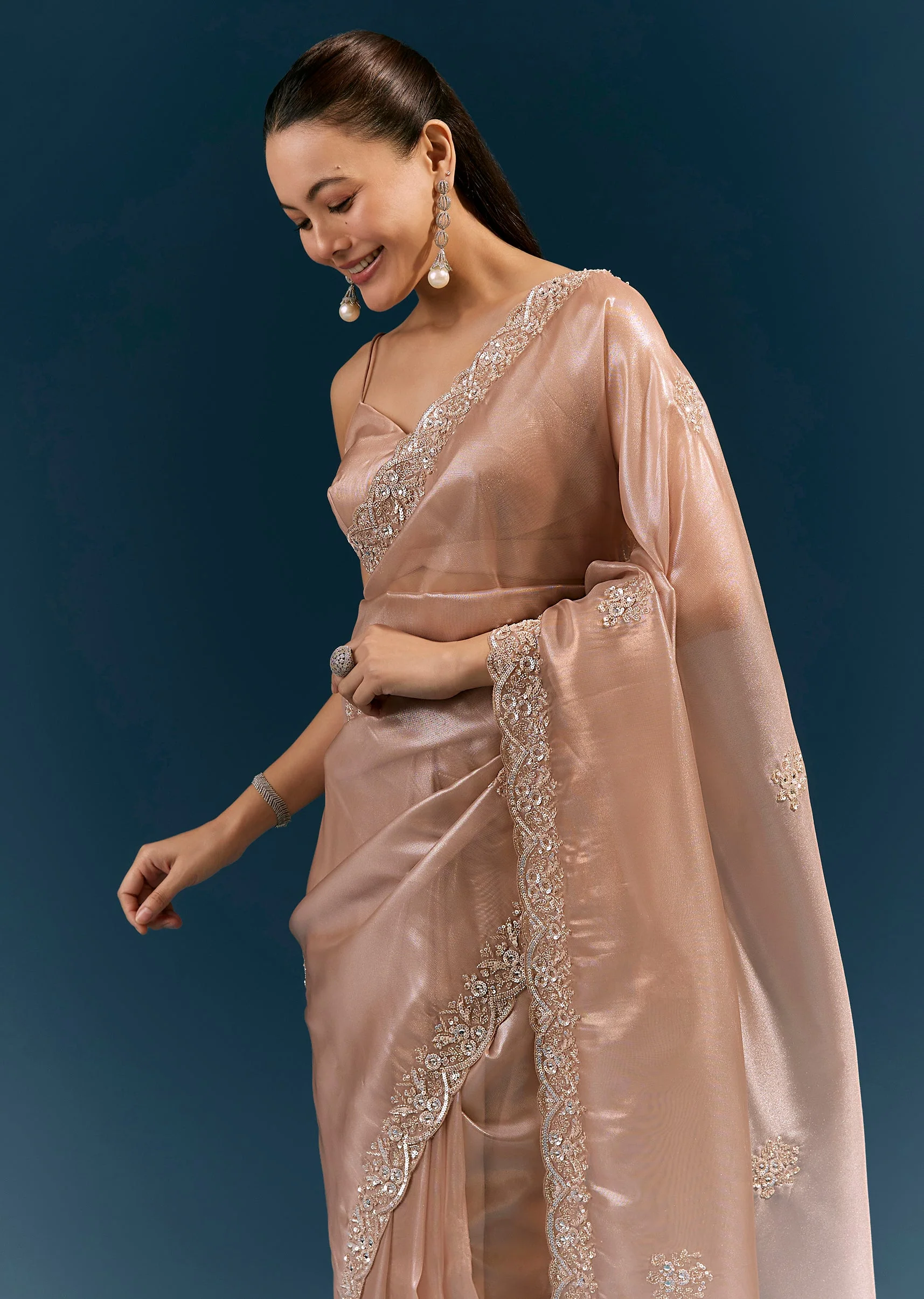 Peach Net Saree With Scalloped Cutda And Sequin Embroidered Border - Image 5