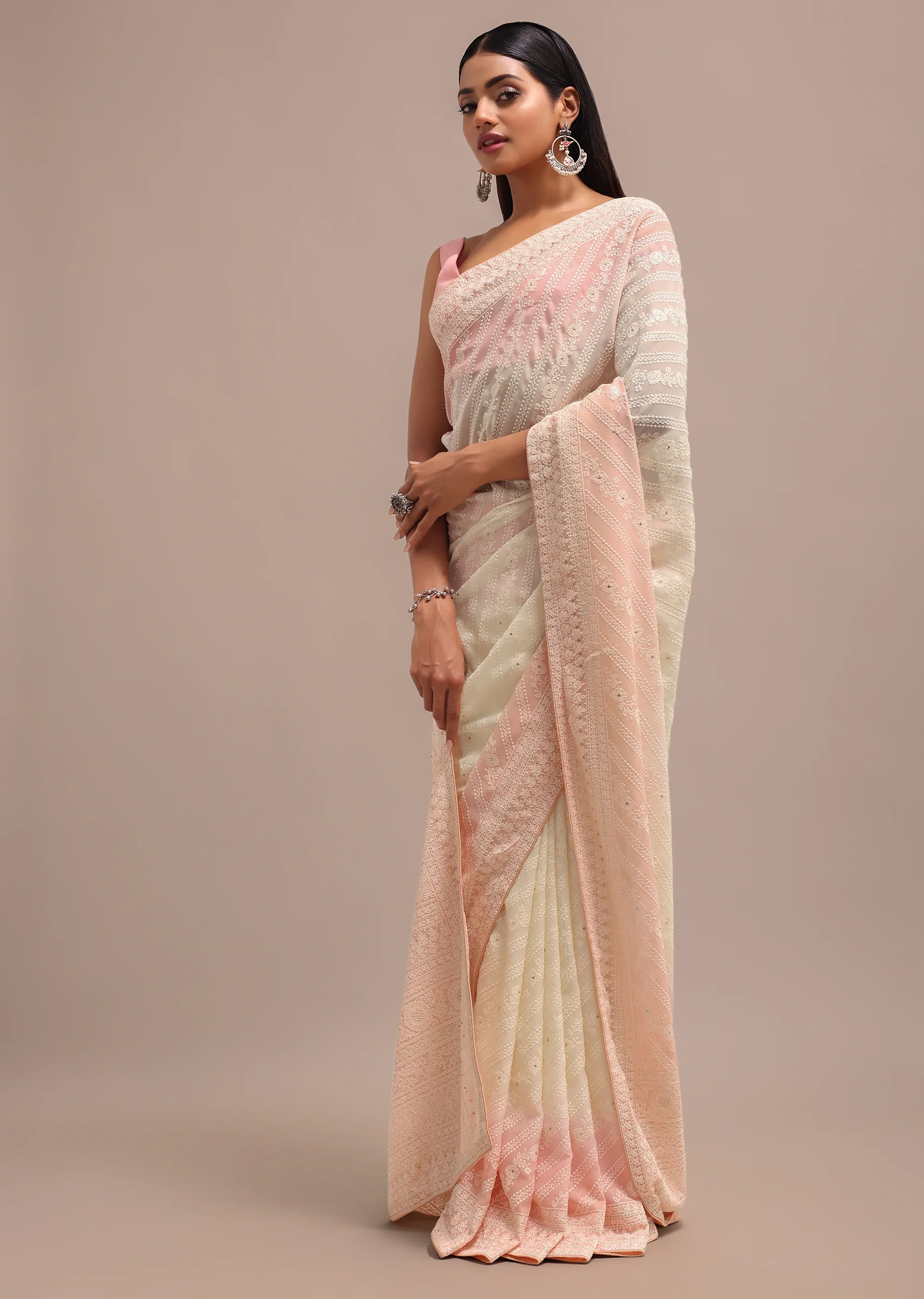 Peach Ombre Chikankari Saree With Unstitched Blouse - Image 2