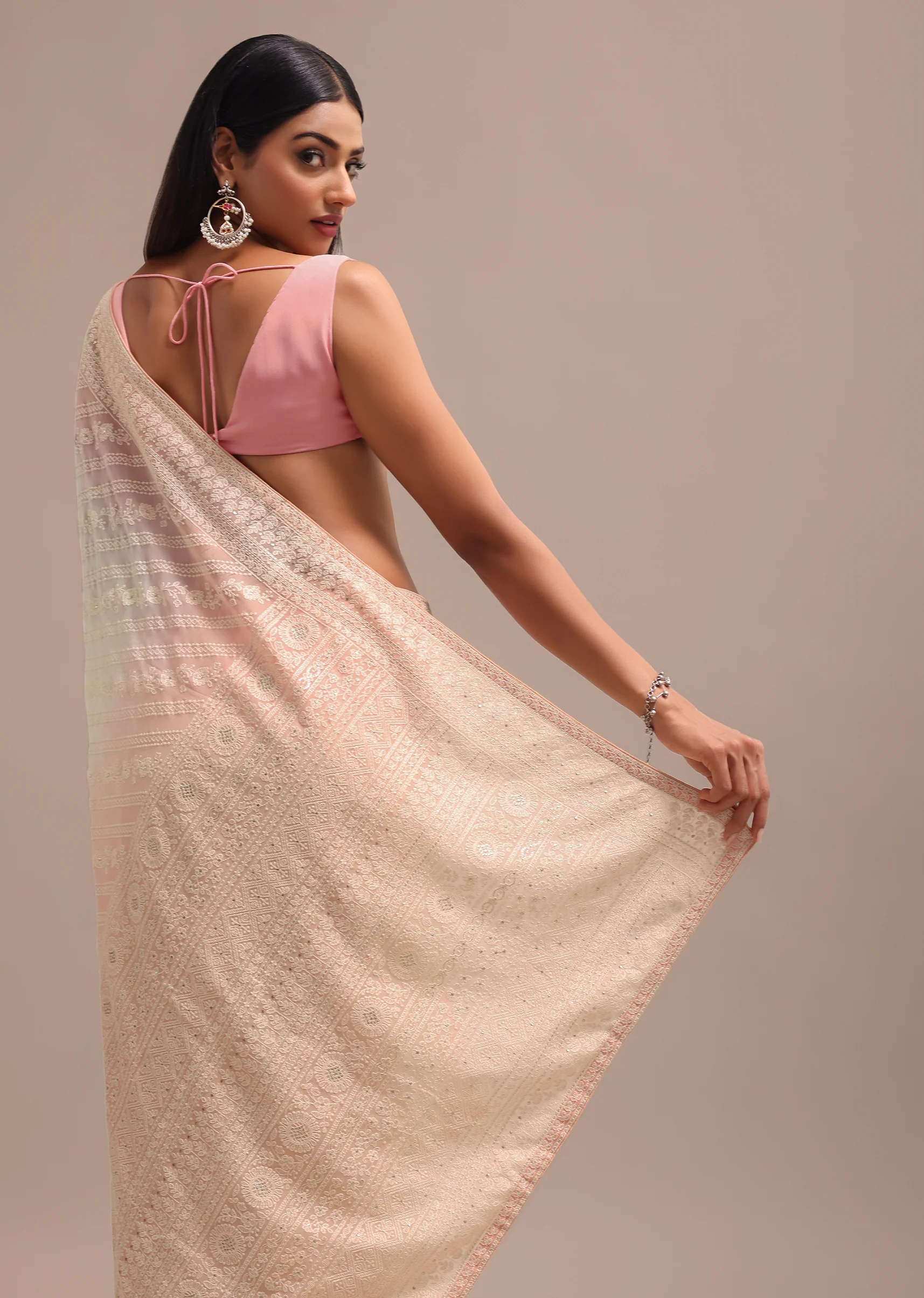 Peach Ombre Chikankari Saree With Unstitched Blouse - Image 4