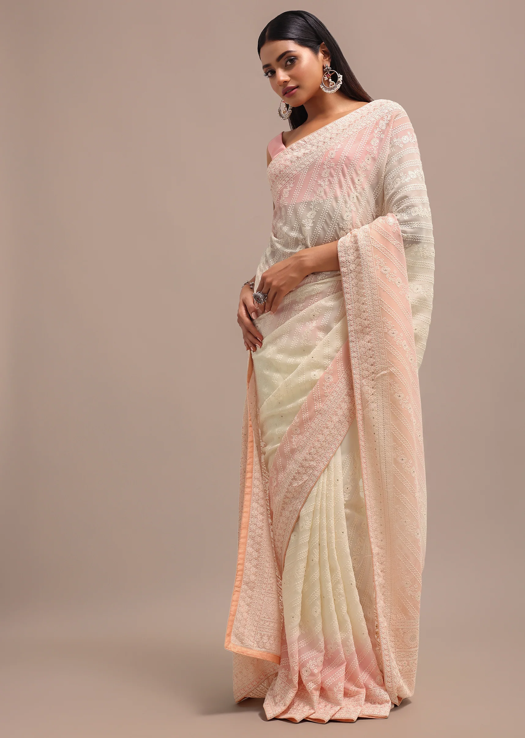 Peach Ombre Chikankari Saree With Unstitched Blouse - Image 5