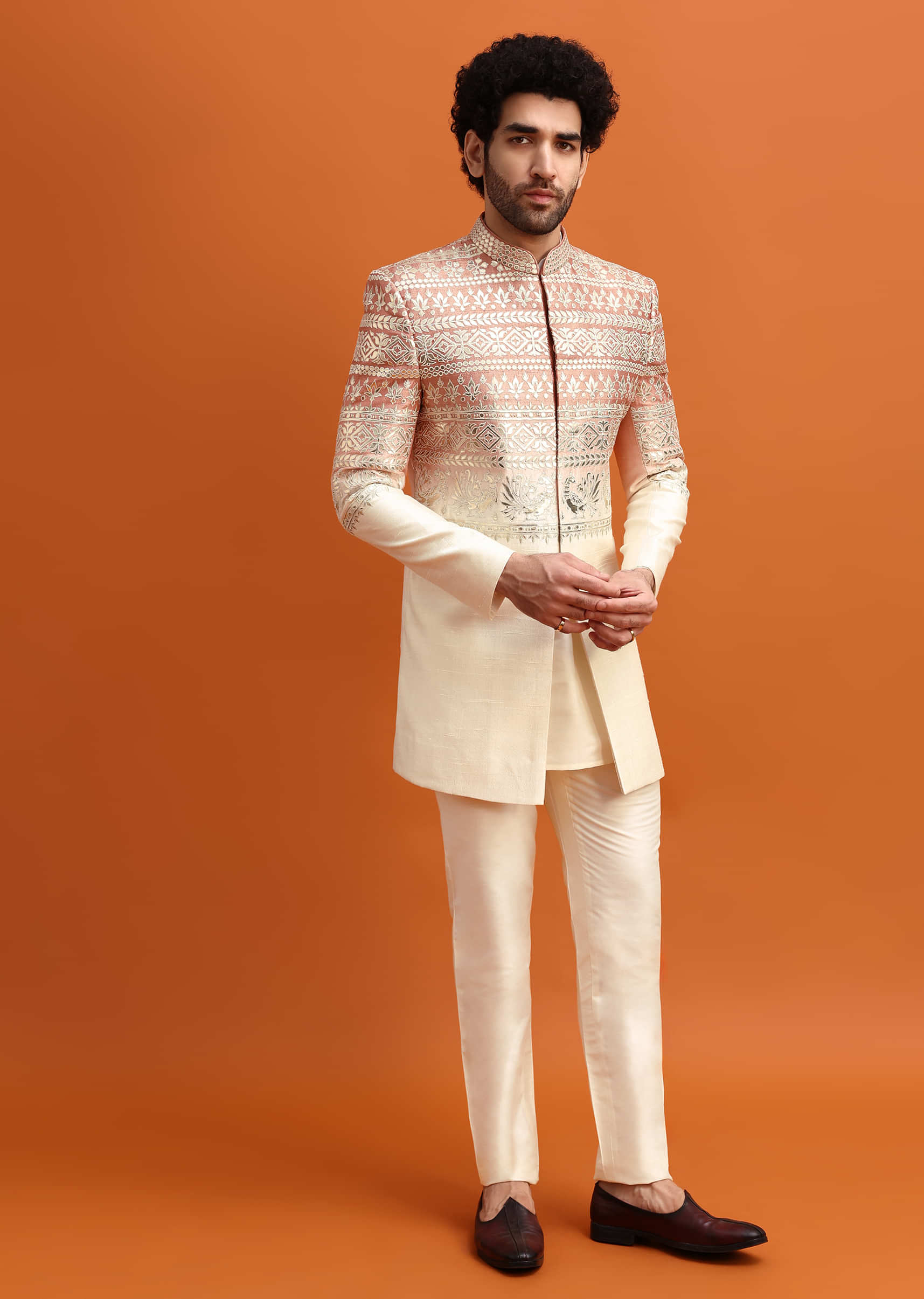 Peach Ombre Indowestern Set With Foil Work For Men - Image 3
