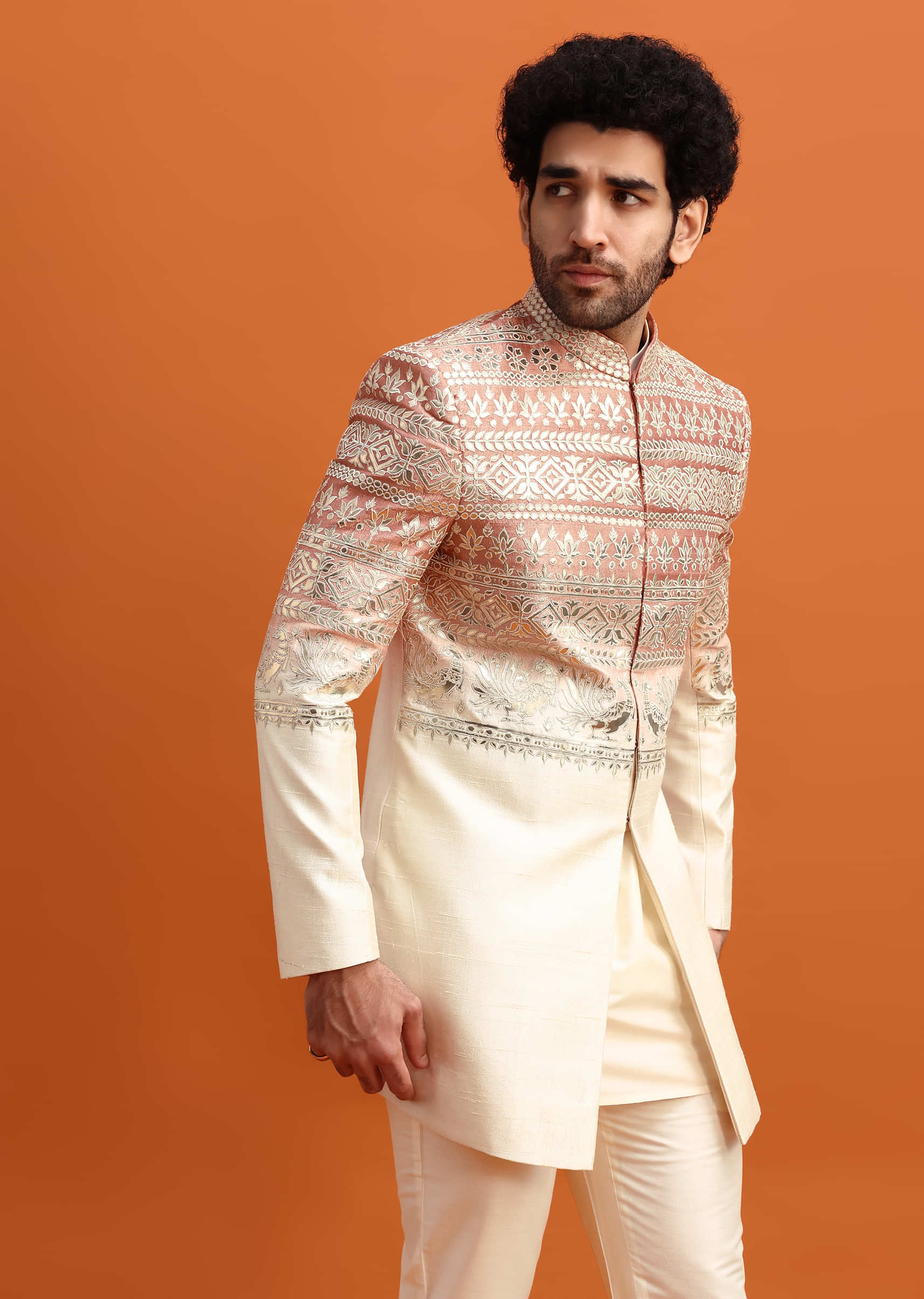 Peach Ombre Indowestern Set With Foil Work For Men - Image 4